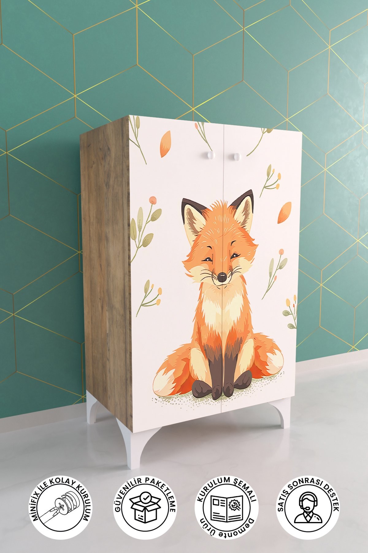 Foxie 3 Raflı Çocuk Odası Dolabı Çok Amaçlı Baskılı Oyuncak Dolabı