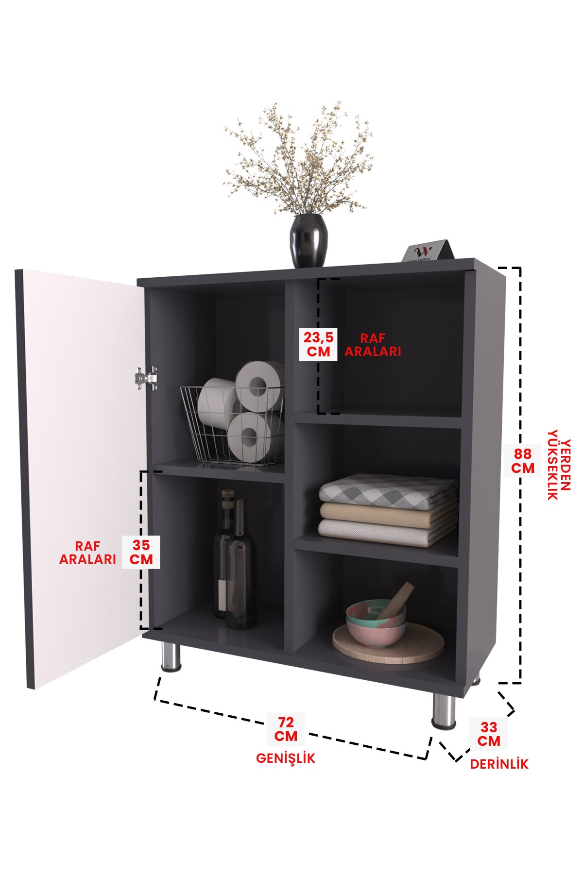 3 Raflı Tek Kapak Minimal Shape Çok Amaçlı Dolabı Mutfak Kiler Banyo Balkon Erzak Dolabı