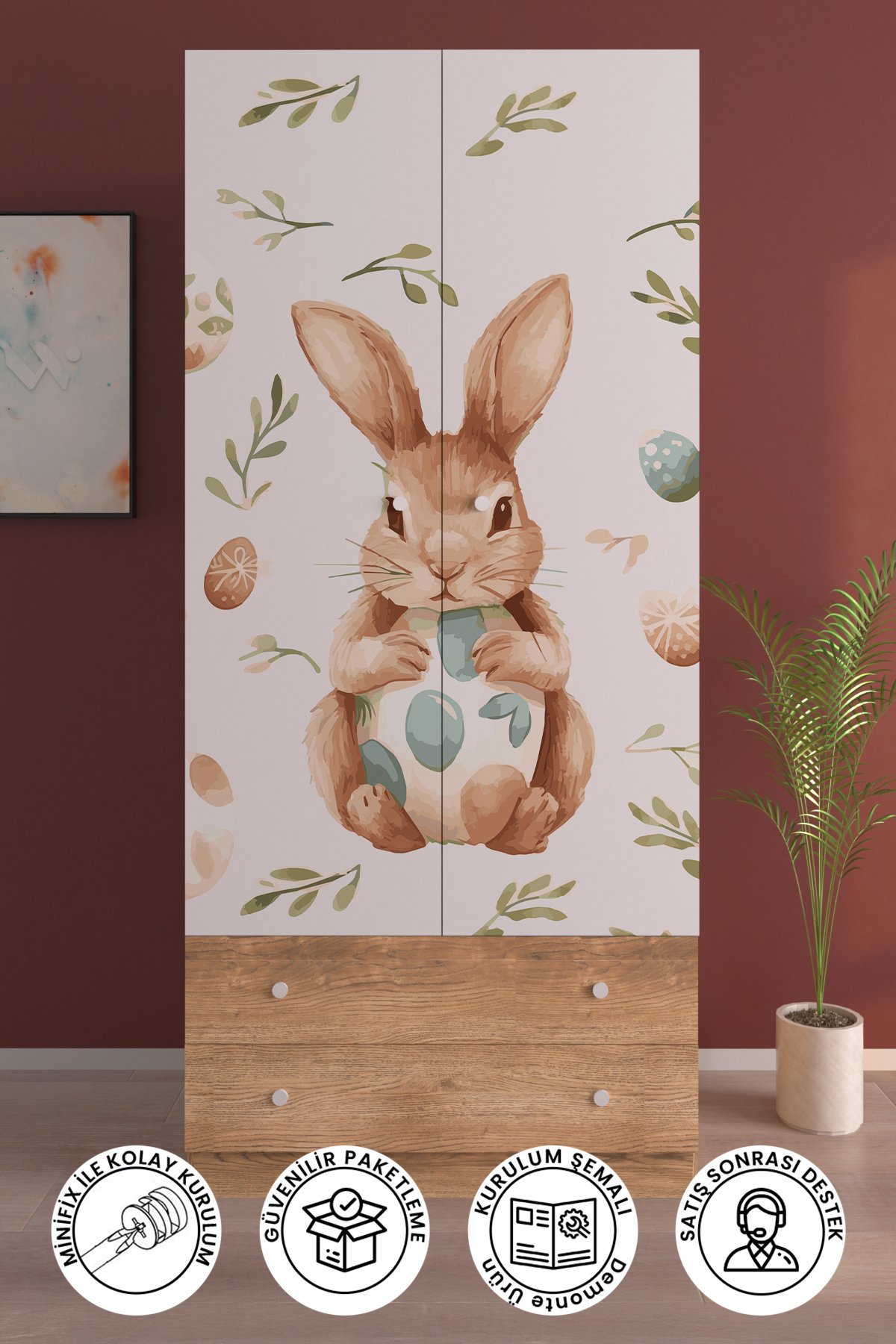 Çocuk Odası 2 Kapaklı PRETTY RABIT Gardırop 5 Raflı 2 Çekmeceli Askılı Elbise Dolabı
