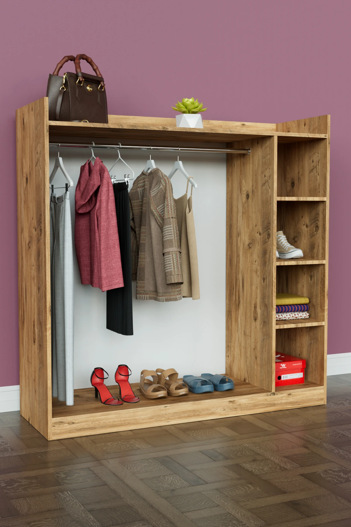 4 Rafli Mini Gardırop askılıklı Vestiyer Çok Amaçlı Kapaksız Elbise Dolabı