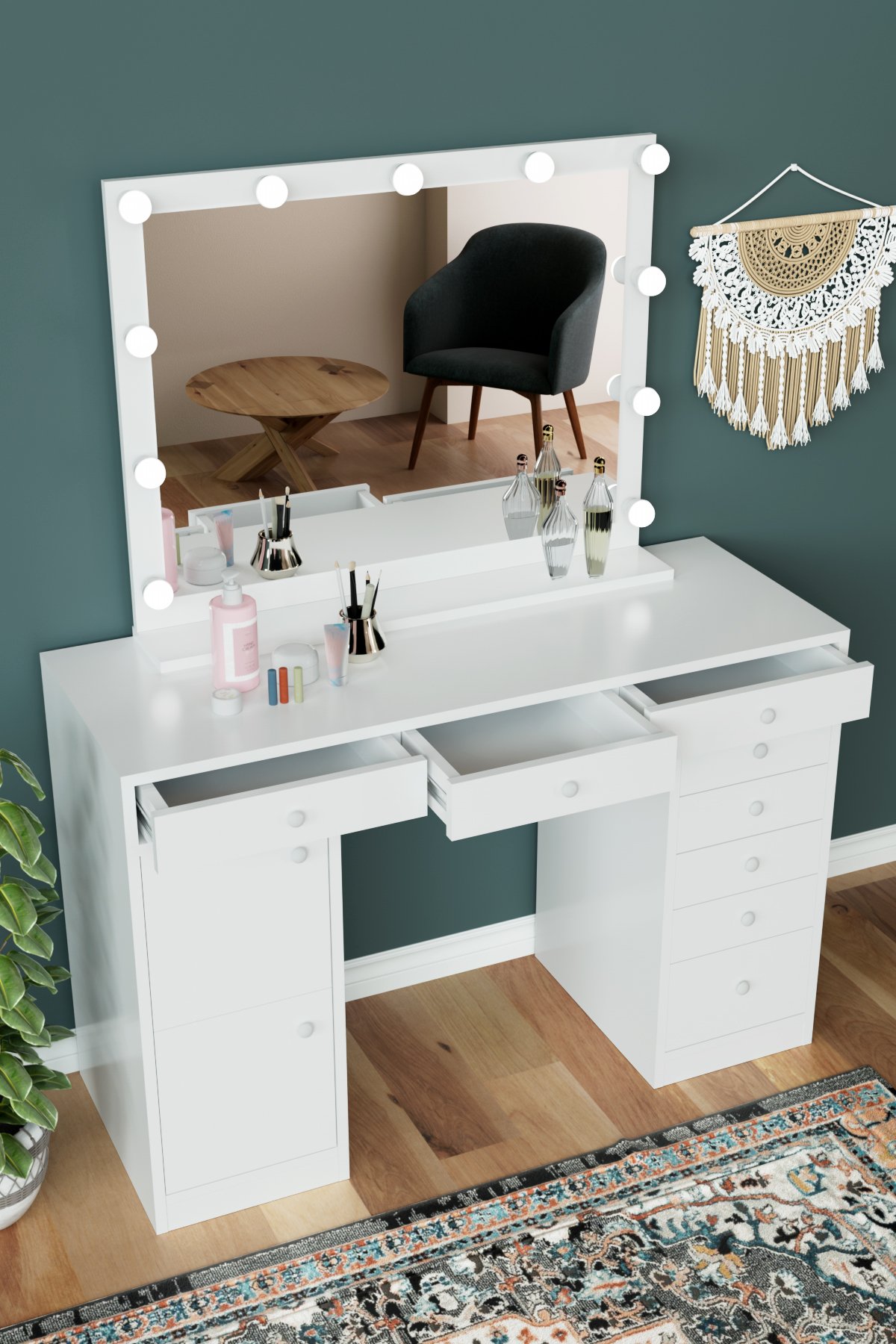 "Ariana" Makyaj Masası Aynalı ve 8 Çekmeceli Takı Organizer Masası
