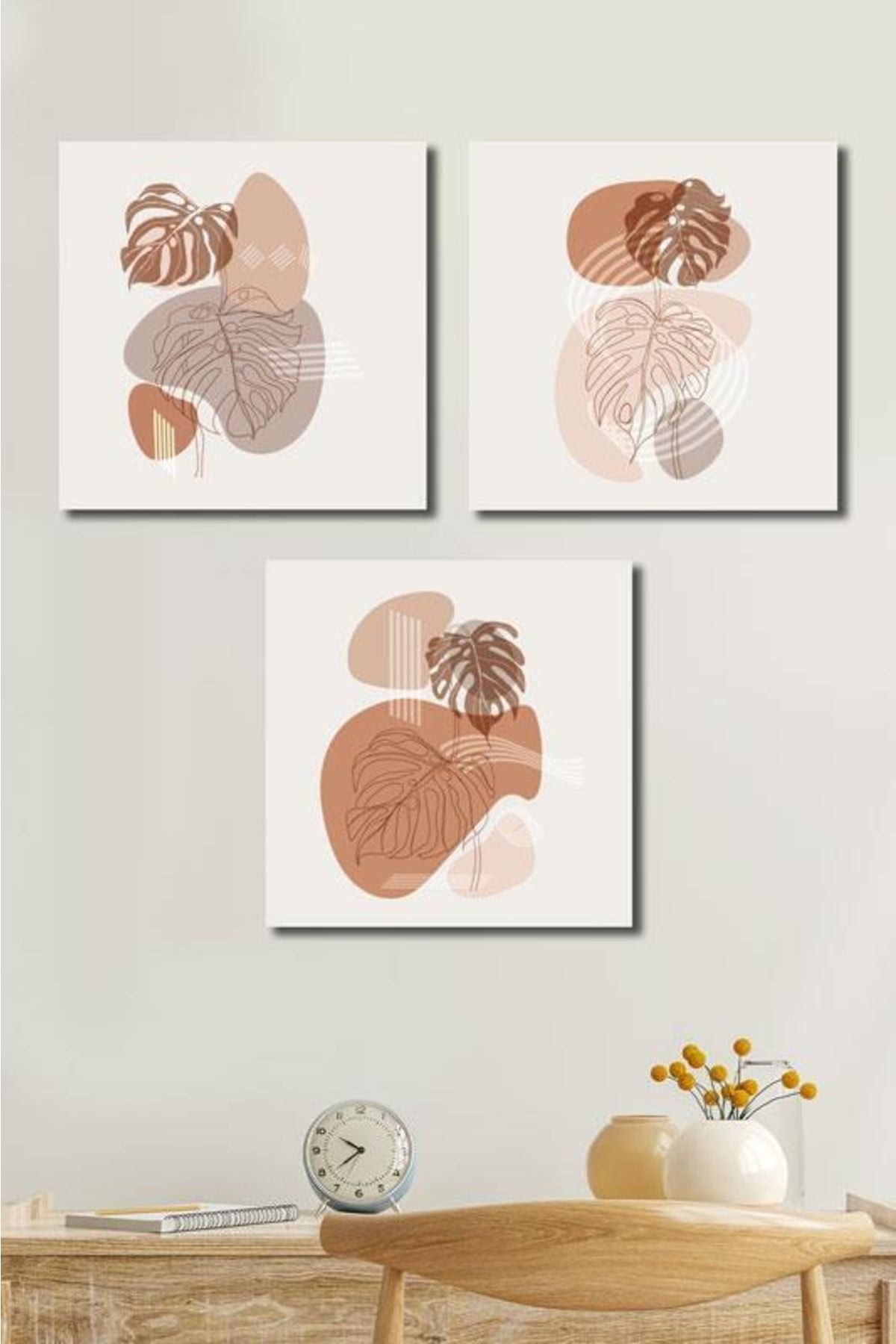 3'lü Set Line Art Leaves Kanvas Tablo