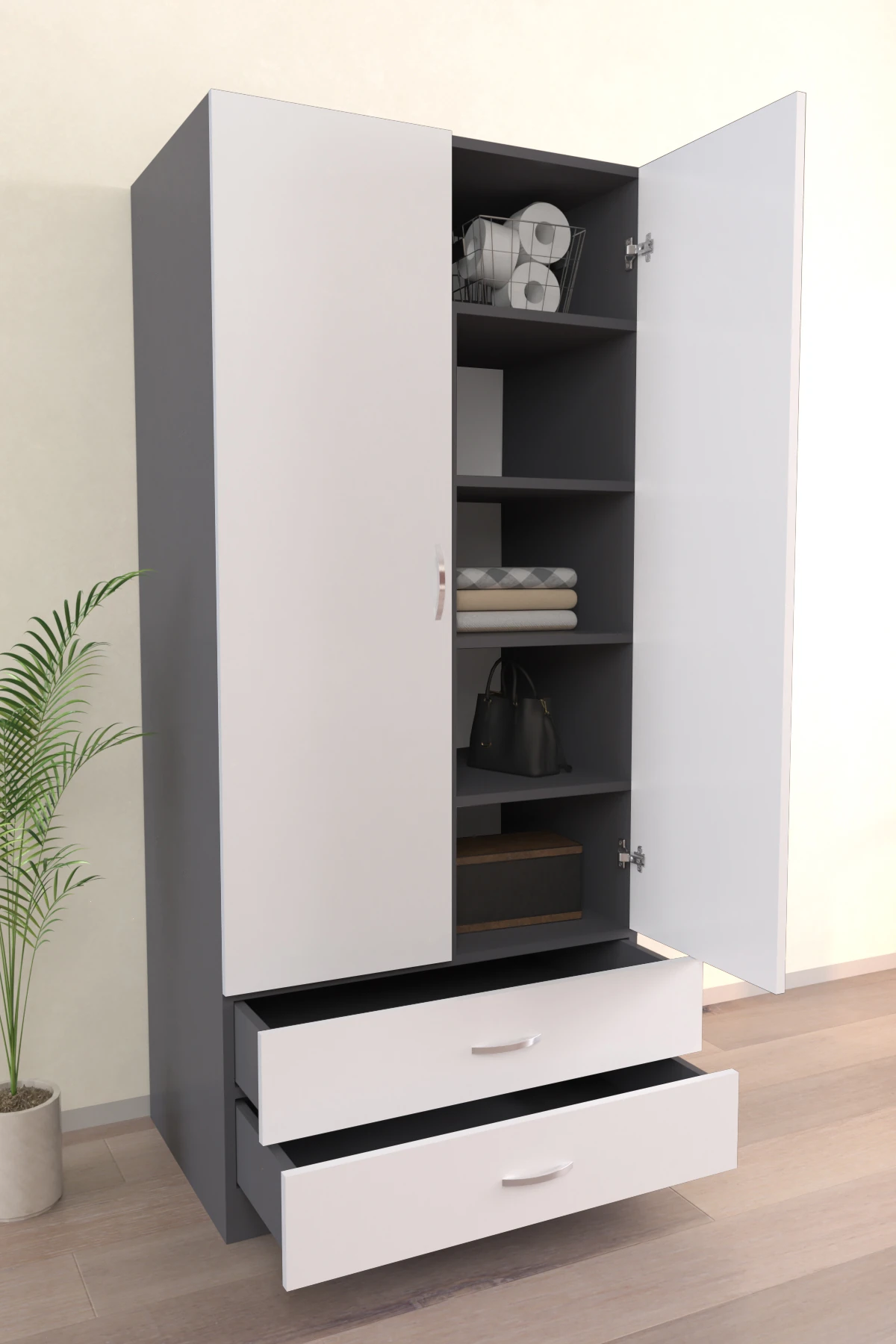 Aynalı 2 Kapaklı Gardırop 5 Raflı 2 Çekmeceli Askılı Elbise Dolabı