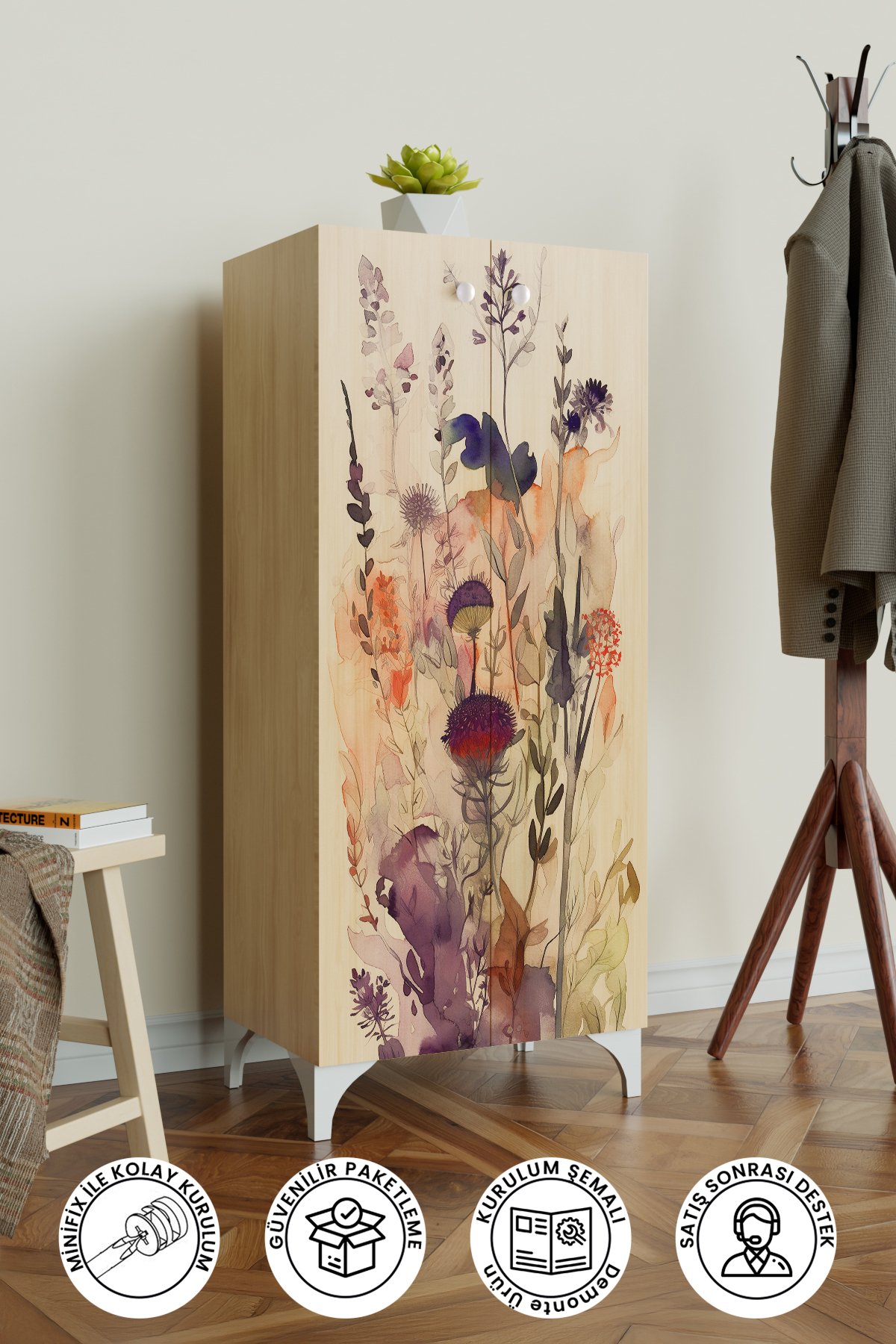 Floral 3 Raflı Çok Amaçlı Dolap Mutfak Salon Banyo Ofis Salon Dolabı