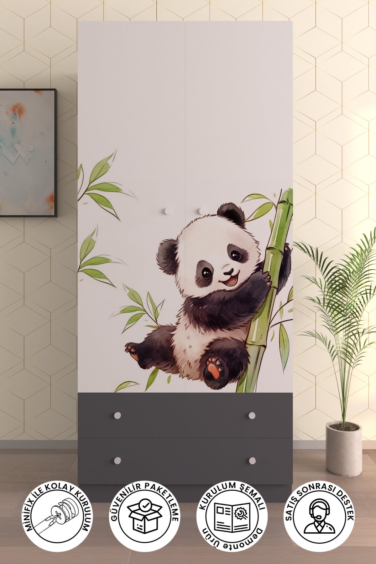 Çocuk Odası 2 Kapaklı Bamboo Gardırop 5 Raflı 2 Çekmeceli Askılı Elbise Dolabı