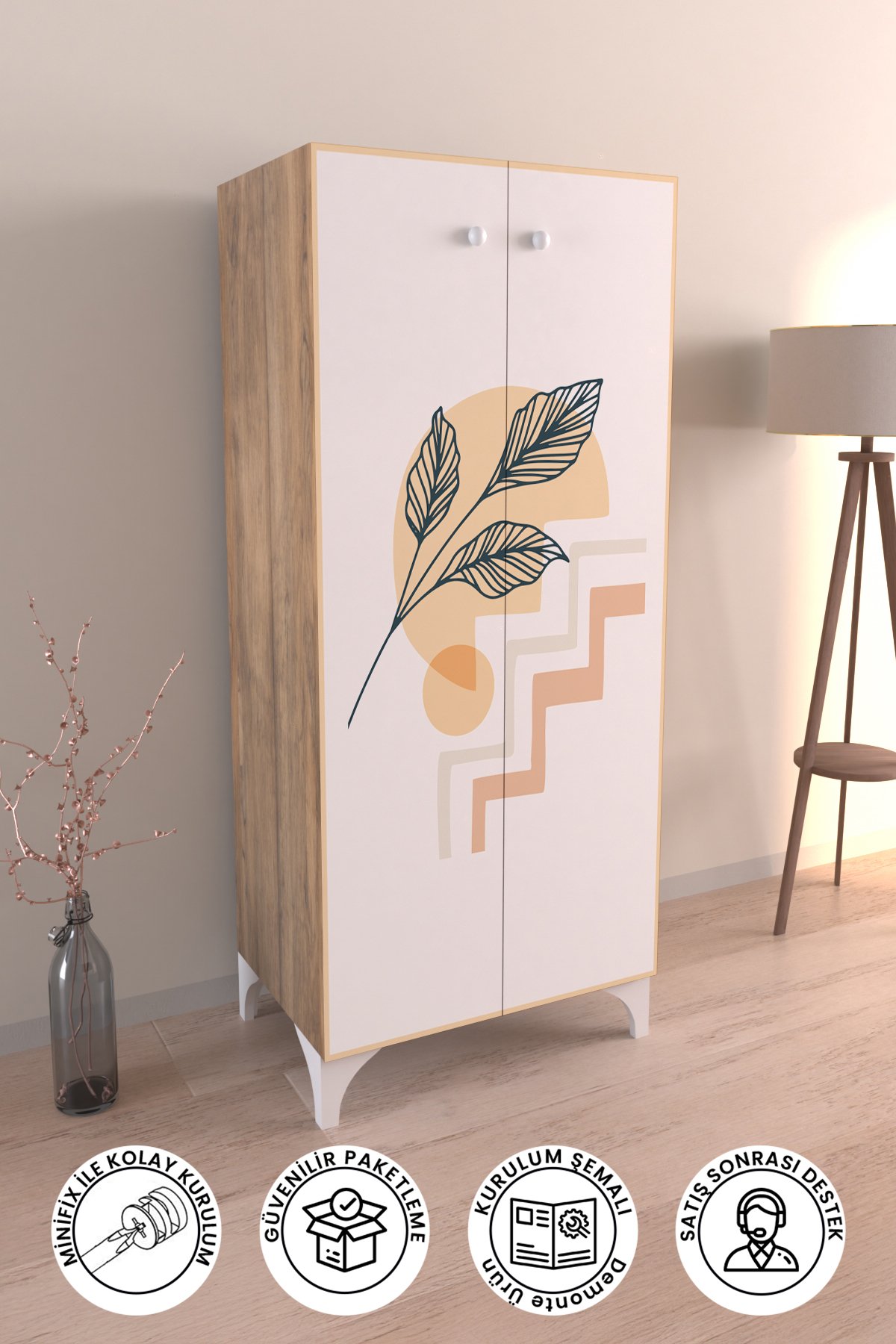 Minimal Çiçekler 3 Raflı Çok Amaçlı Dolap Mutfak Salon Banyo Ofis Salon Dolabı