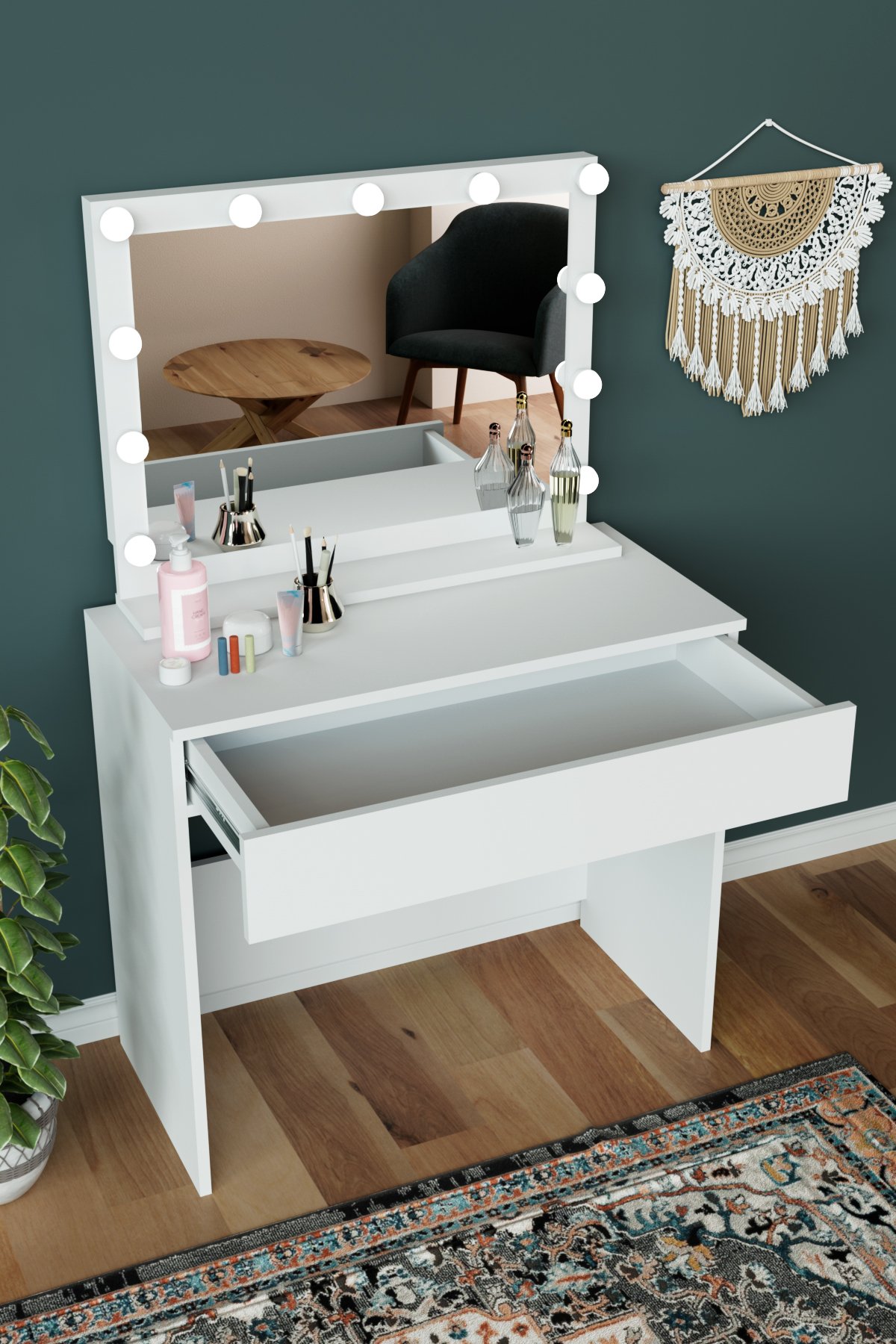 "Anita" Makyaj Masası Aynalı ve Çekmeceli Takı Organizer Masası