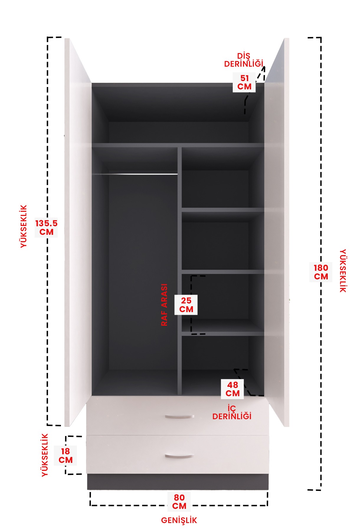 Aynalı 2 Kapaklı Gardırop 5 Raflı 2 Çekmeceli Askılı Elbise Dolabı