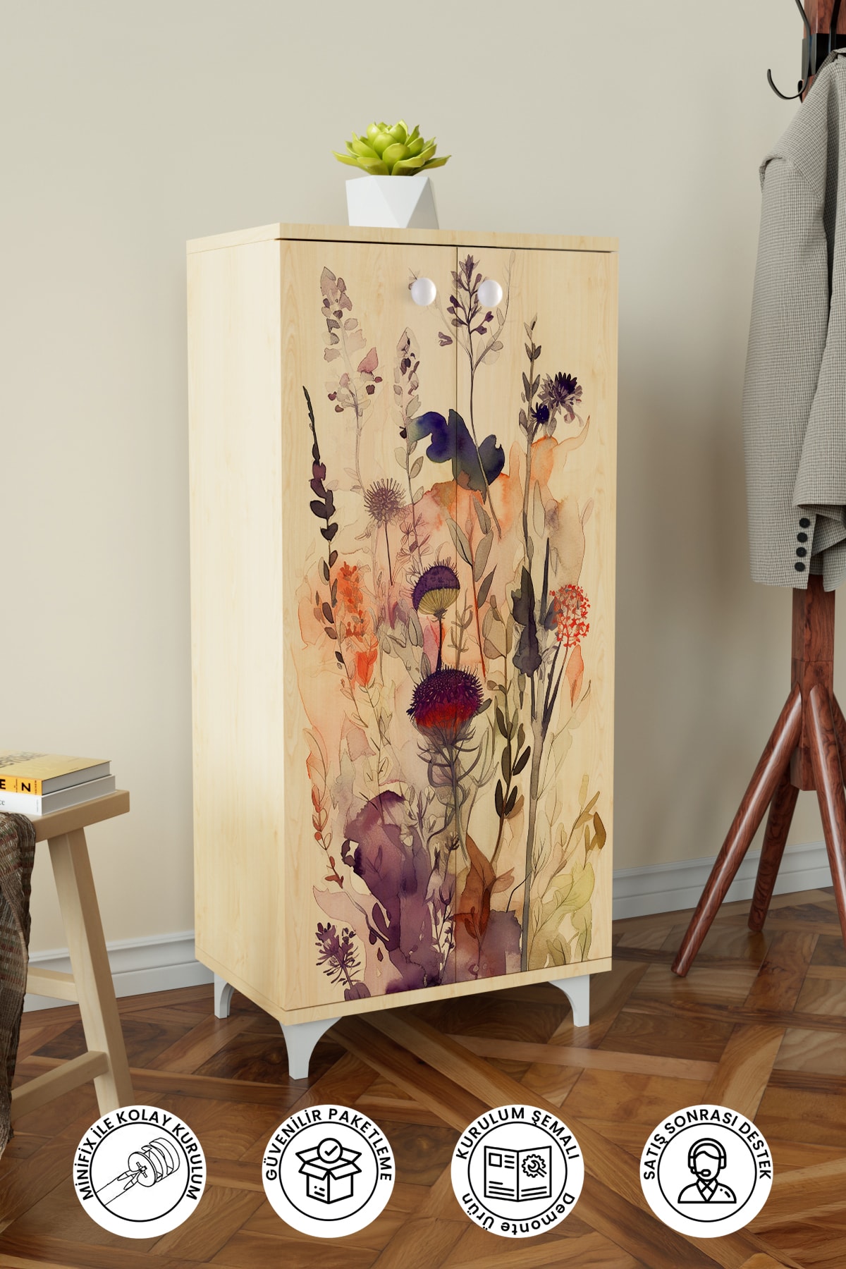 Floral 3 Raflı Çok Amaçlı Dolap Mutfak Salon Banyo Ofis Salon Dolabı