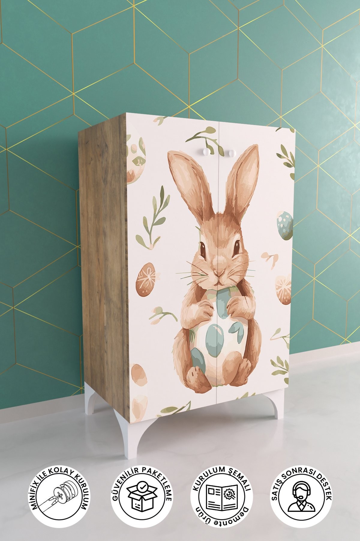Pretty Rabit 2 Raflı Çocuk Odası Dolabı Çok Amaçlı Baskılı Oyuncak Dolabı