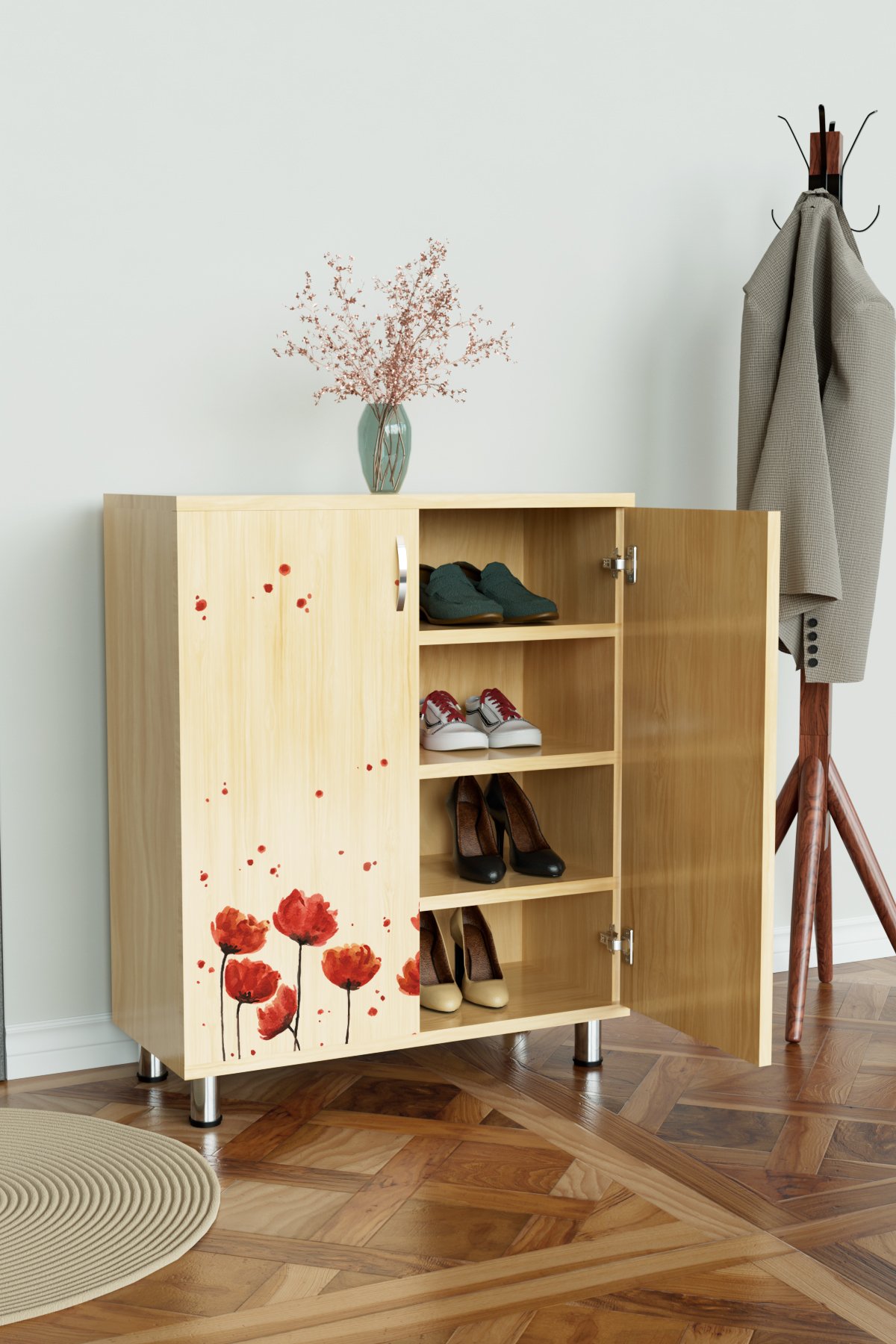 Red Anemone 4 Raflı Ayakkabılık Antre Hol Çok Amaçlı Ayakkabı Dolabı