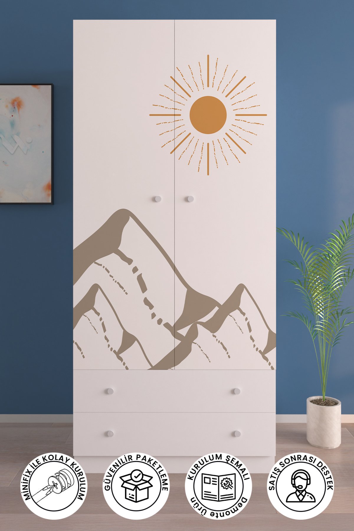 Çocuk Odası 2 Kapaklı Mountain Glow Gardırop 5 Raflı 2 Çekmeceli Askılı Elbise Dolabı