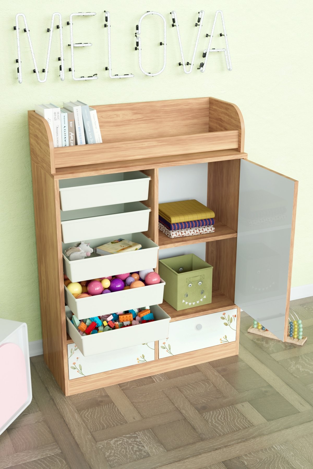 Foxie Design "Melova" 5 Sepetli 2 Çekmeceli Çok Amaçlı Oyuncak Dolabı