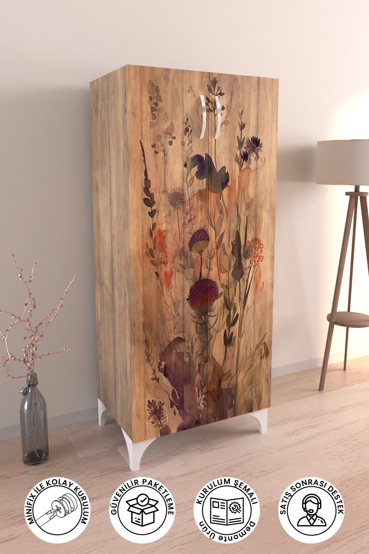 Floral 3 Raflı Çok Amaçlı Dolap Mutfak Salon Banyo Ofis Salon Dolabı