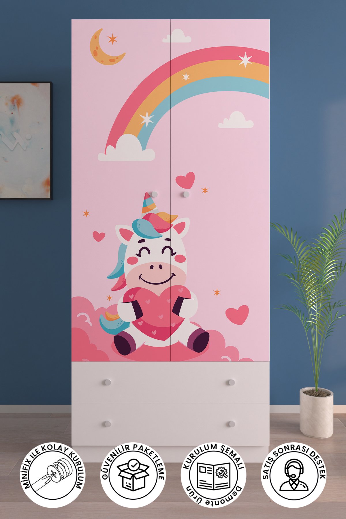 Çocuk Odası 2 Kapaklı Unicorn Dreams Gardırop 5 Raflı 2 Çekmeceli Askılı Elbise Dolabı