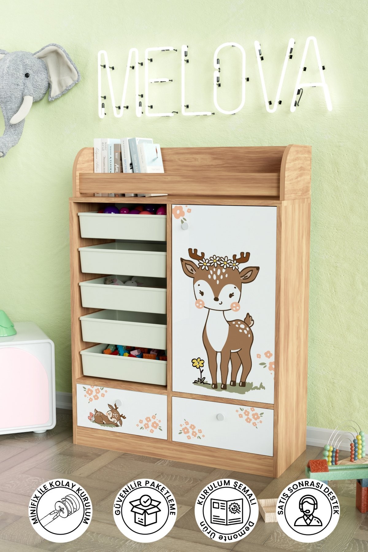 Little Fawn Design "Melova" 5 Sepetli 2 Çekmeceli Çok Amaçlı Oyuncak Dolabı