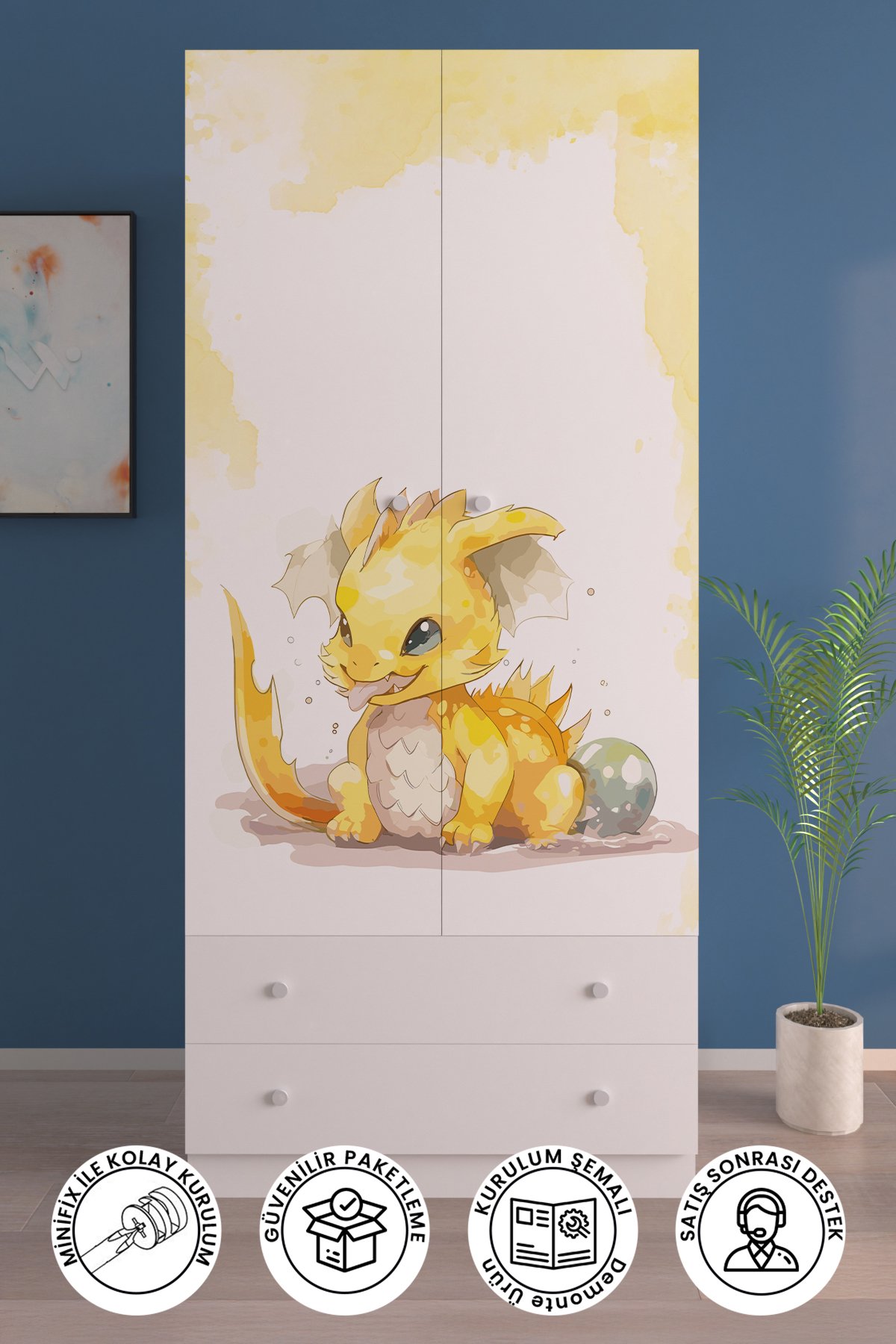 Çocuk Odası 2 Kapaklı Sunny Dino Gardırop 5 Raflı 2 Çekmeceli Askılı Elbise Dolabı