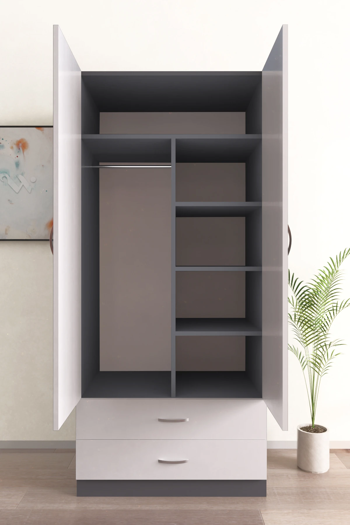 Aynalı 2 Kapaklı Gardırop 5 Raflı 2 Çekmeceli Askılı Elbise Dolabı