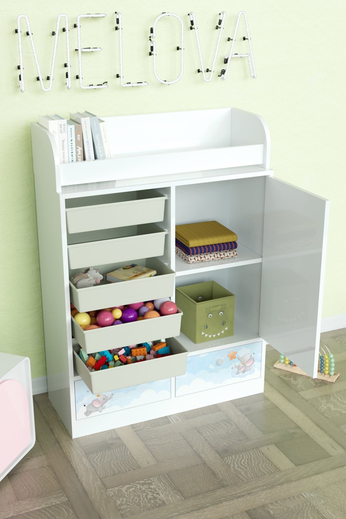 Minik Rüyacı Design "Melova" 5 Sepetli 2 Çekmeceli Çok Amaçlı Oyuncak Dolabı