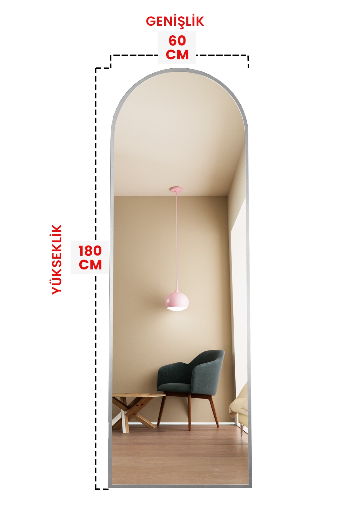 Oval Metal Çerçeveli Ayaklı Influencer Boy Aynası 180x60 Cm