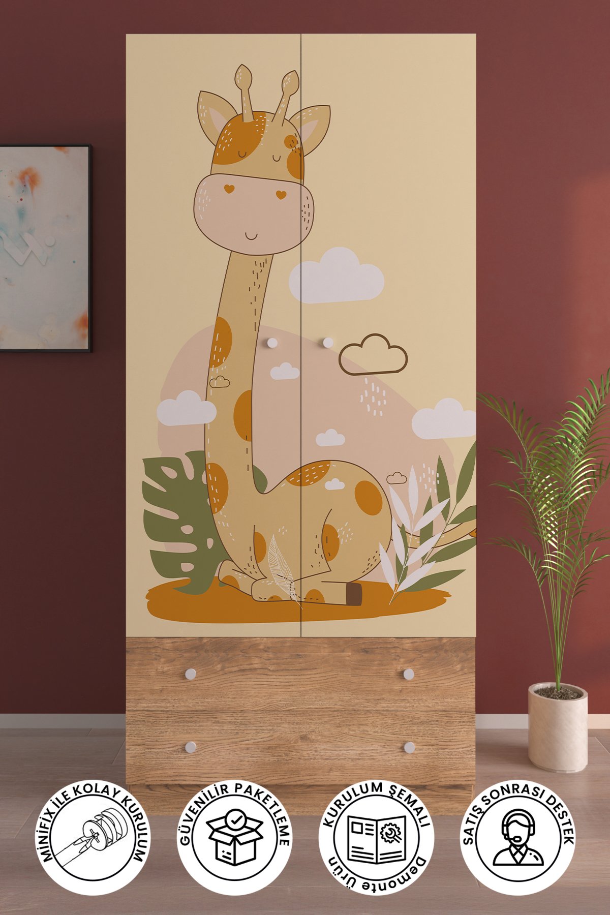 Çocuk Odası 2 Kapaklı Cute Giraffe Gardırop 5 Raflı 2 Çekmeceli Askılı Elbise Dolabı