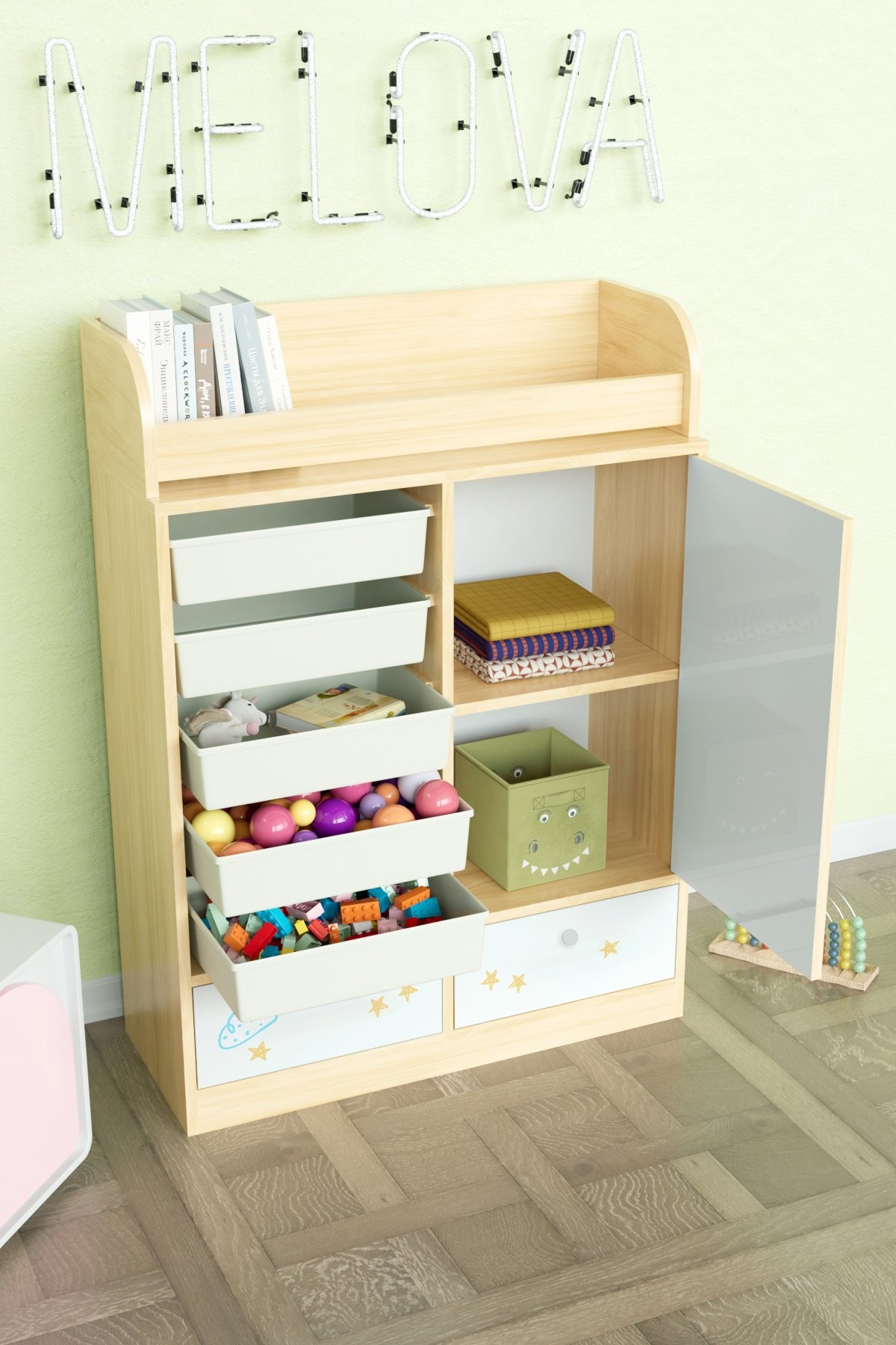 Bay Zürafa Design "Melova" 5 Sepetli 2 Çekmeceli Çok Amaçlı Oyuncak Dolabı