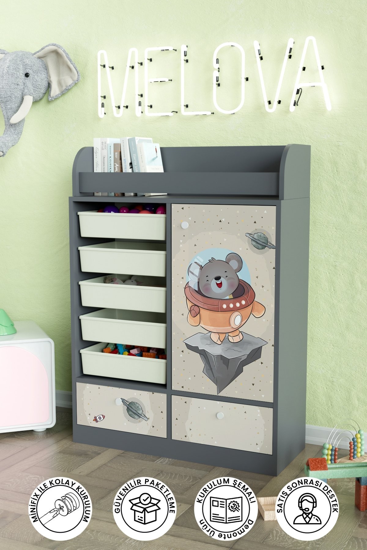 Little Astronaut Design "Melova" 5 Sepetli 2 Çekmeceli Çok Amaçlı Oyuncak Dolabı