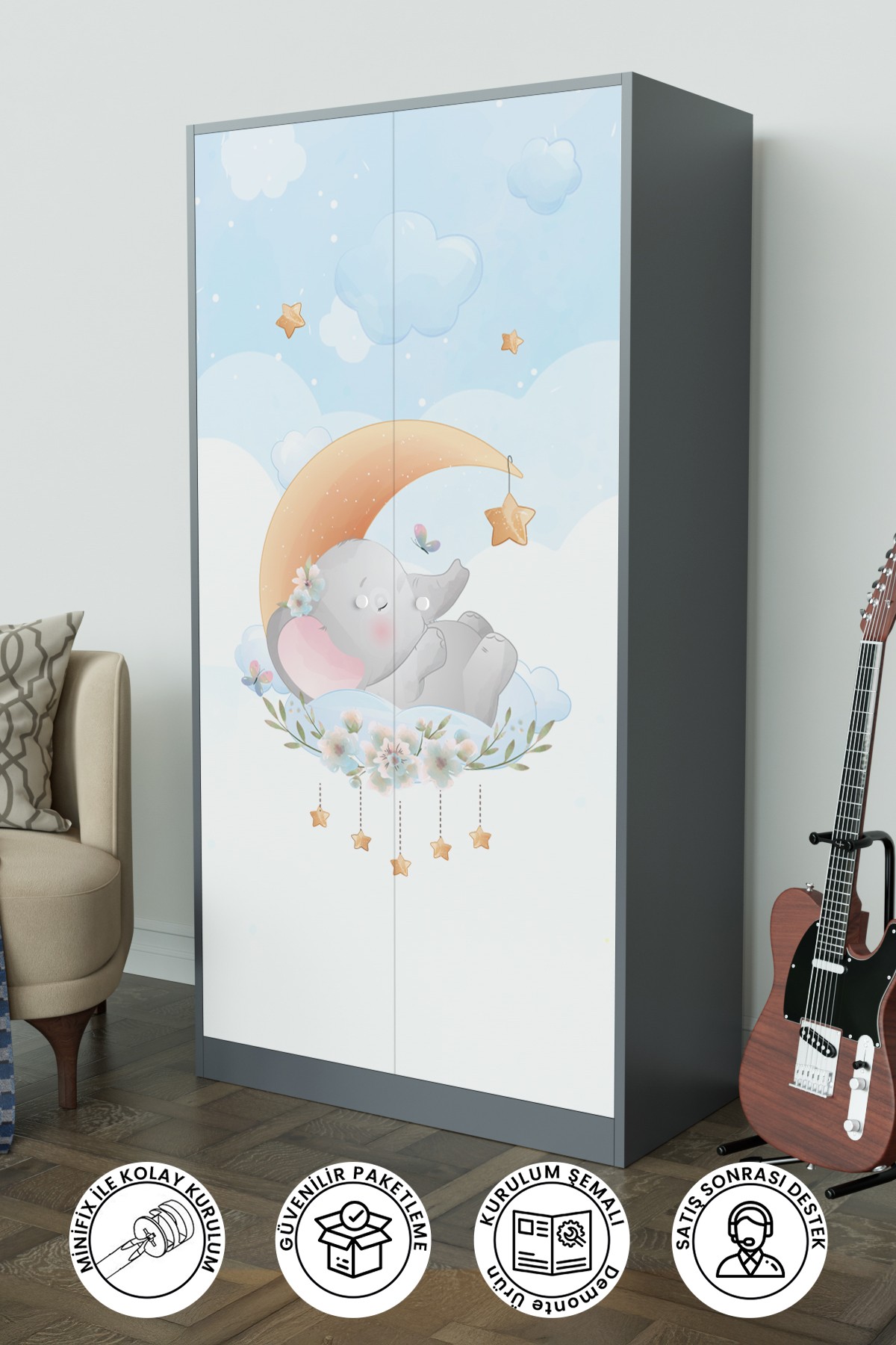 Minik Rüyacı Design "Calista" Gardırop 5 Raflı Askılı Çocuk Odasi Elbise Dolabı
