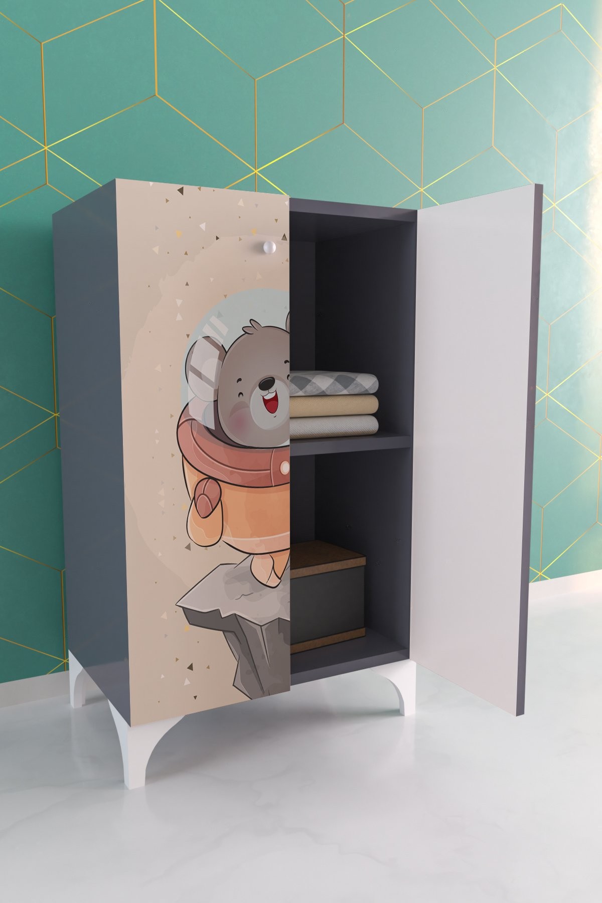 Little Astronaut 2 Raflı Çocuk Odası Dolabı Çok Amaçlı Baskılı Oyuncak Dolabı