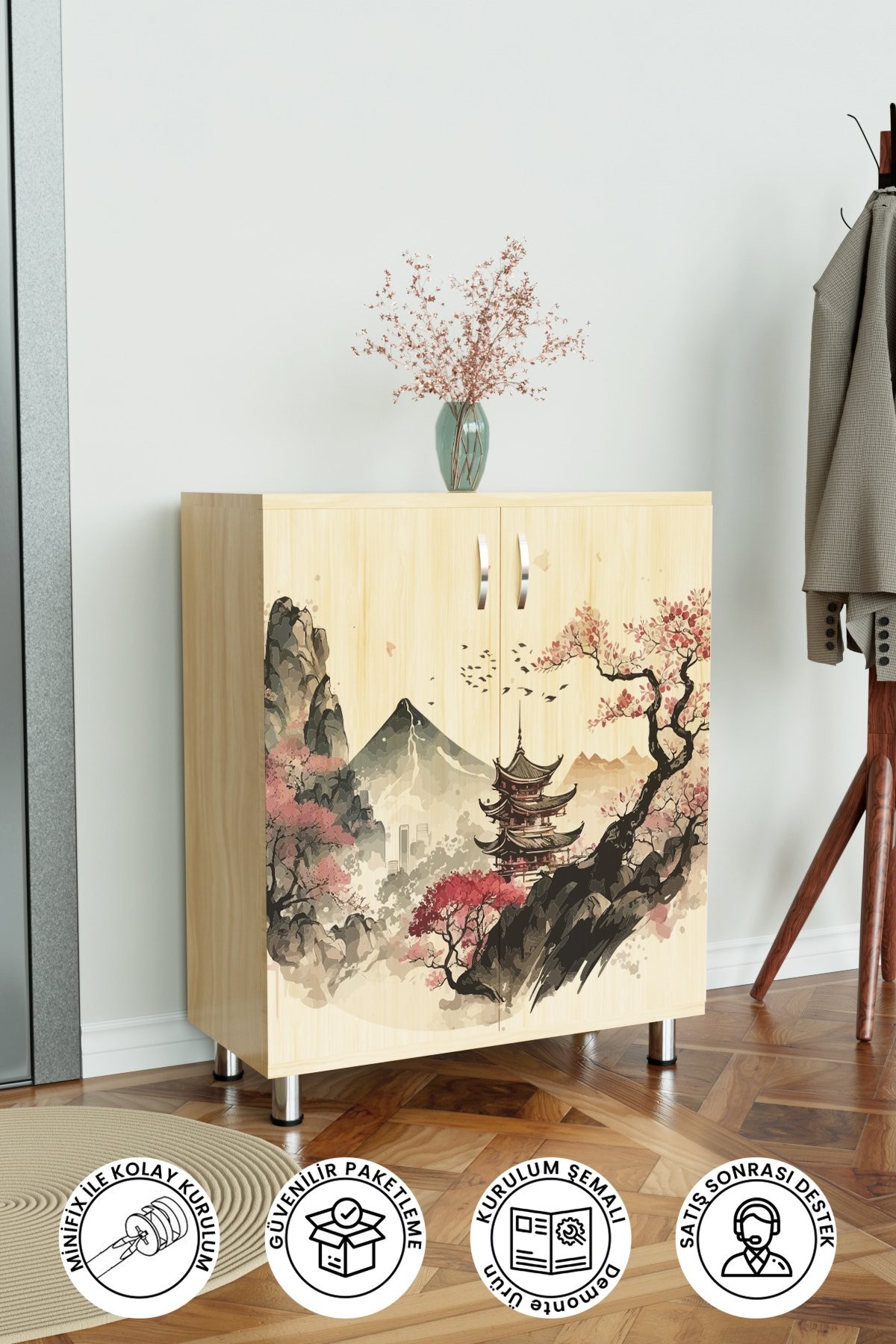 japanese Temple 4 Raflı Ayakkabılık Antre Hol Çok Amaçlı Ayakkabı Dolabı