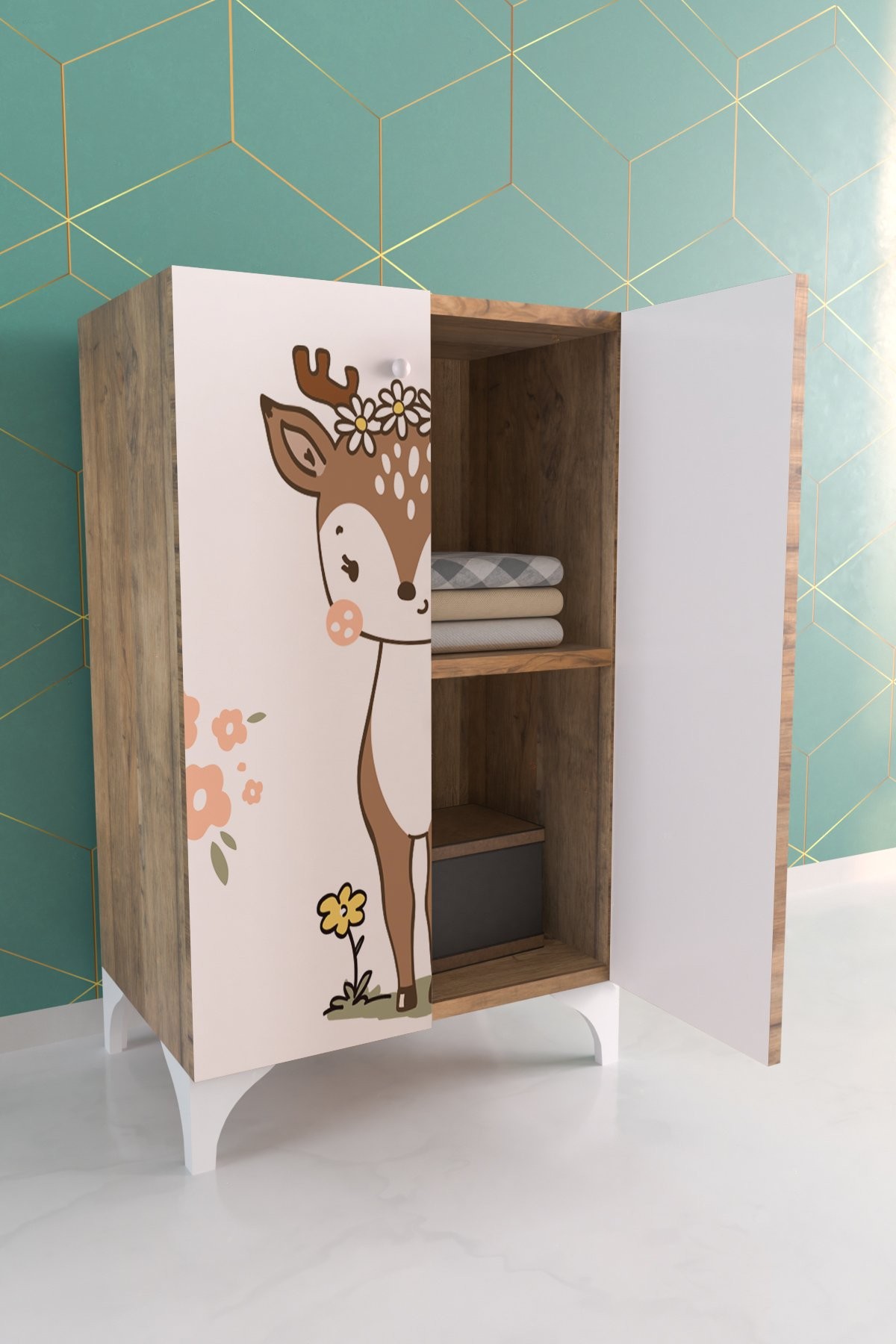 Little Fawn 2 Raflı Çocuk Odası Dolabı Çok Amaçlı Baskılı Oyuncak Dolabı