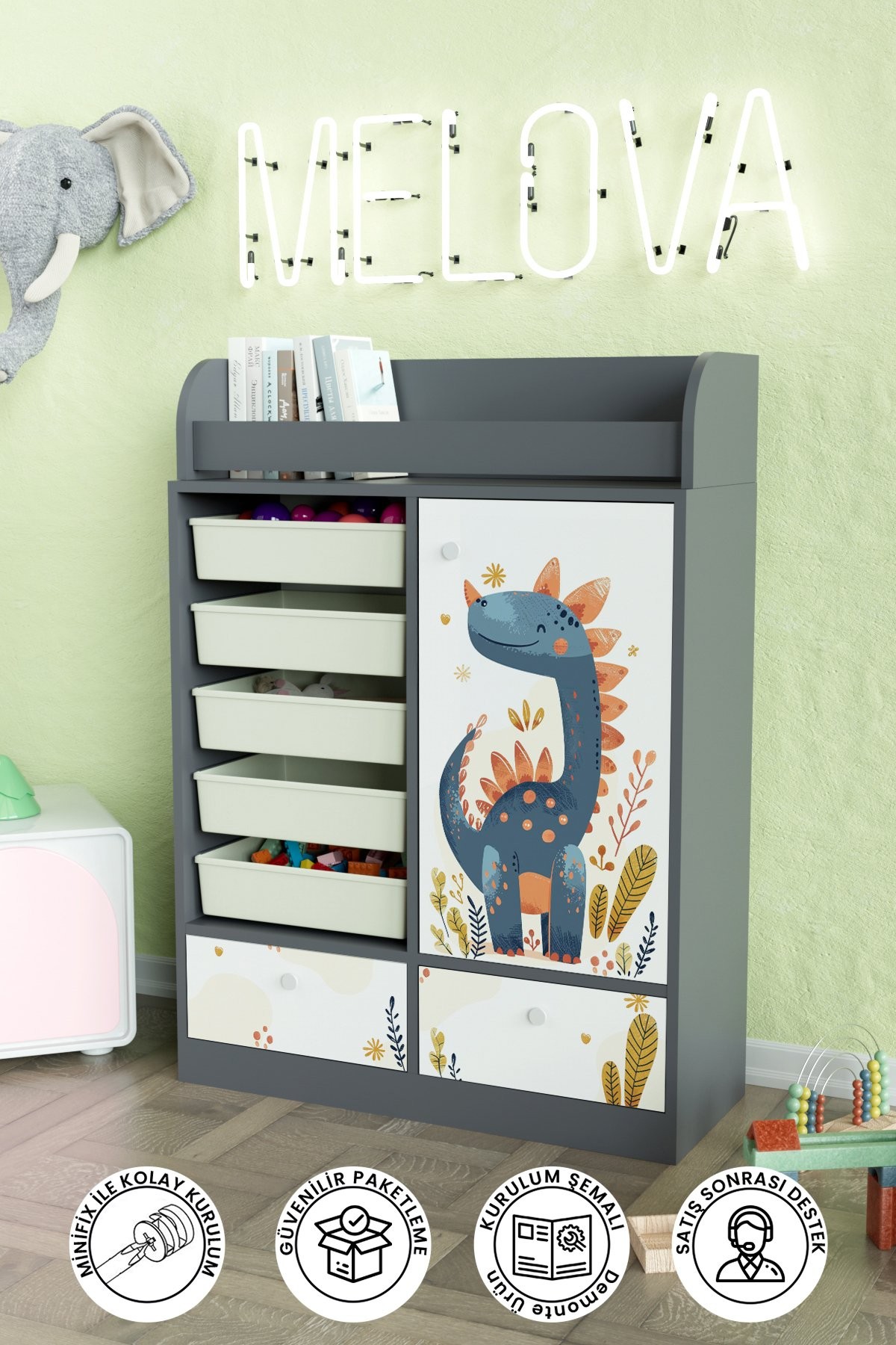 Minik Dino Design "Melova" 5 Sepetli 2 Çekmeceli Çok Amaçlı Oyuncak Dolabı