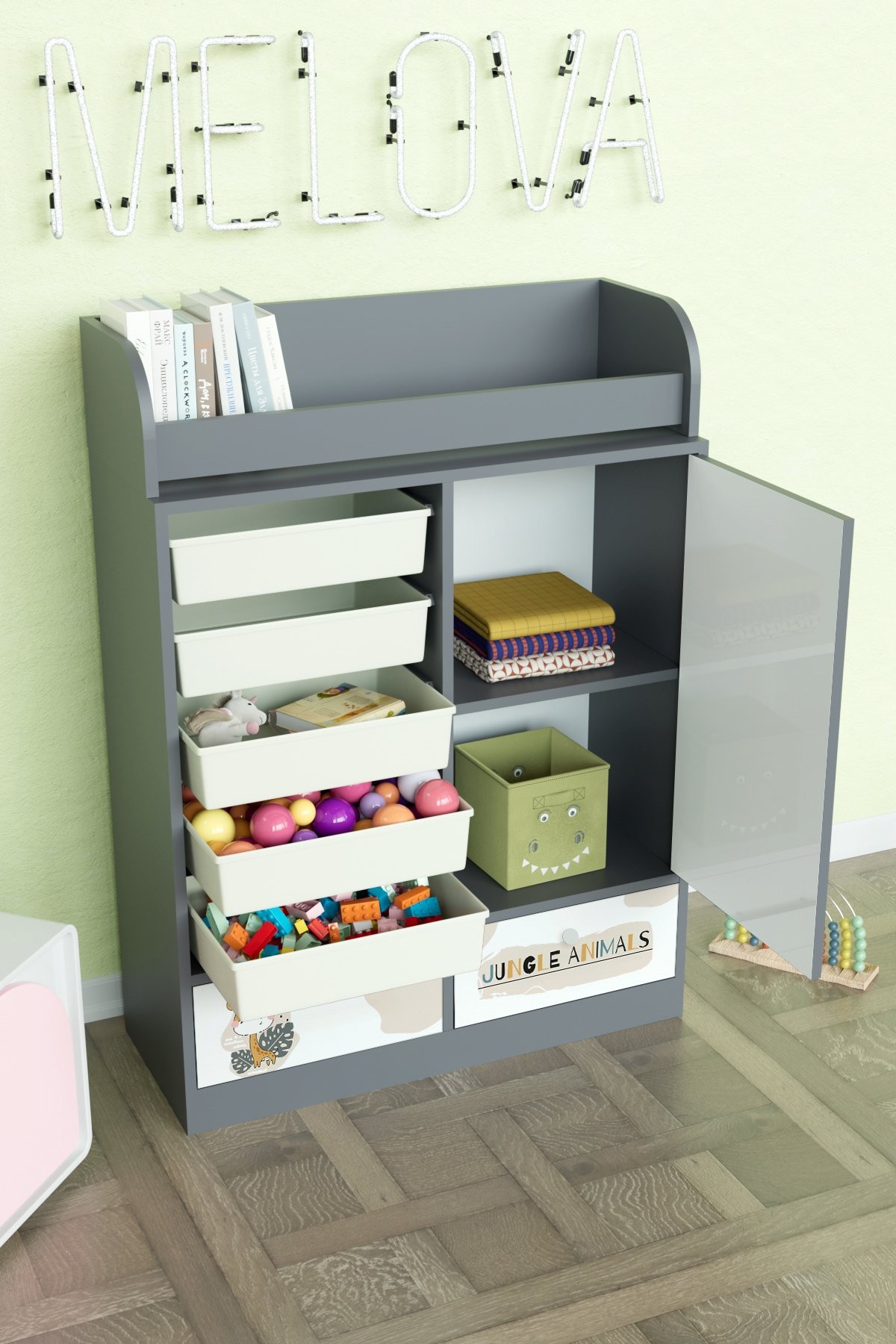 Jungle Animals Design "Melova" 5 Sepetli 2 Çekmeceli Çok Amaçlı Oyuncak Dolabı