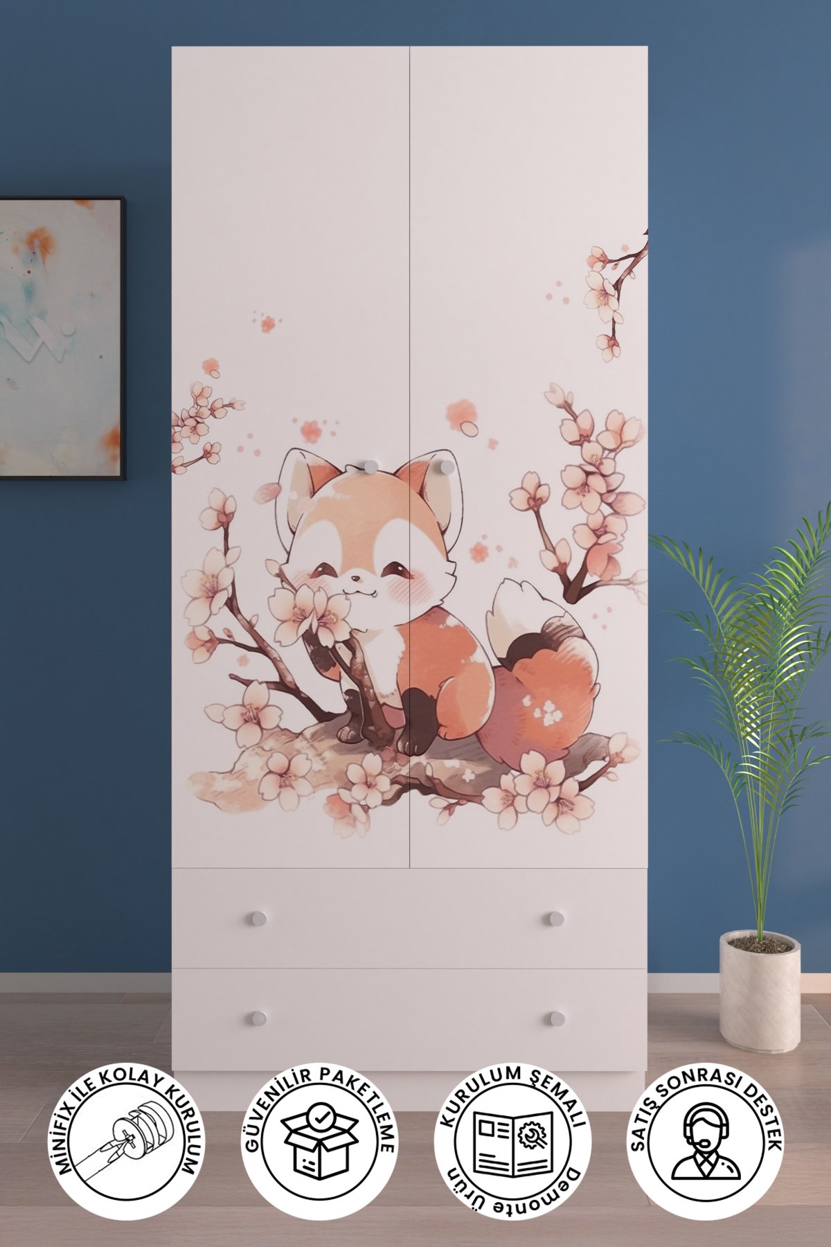Çocuk Odası 2 Kapaklı Spring Fox Gardırop 5 Raflı 2 Çekmeceli Askılı Elbise Dolabı Beyaz Ahşap