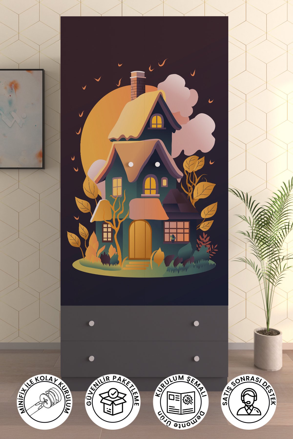 Çocuk Odası 2 Kapaklı Dream House Gardırop 5 Raflı 2 Çekmeceli Askılı Elbise Dolabı