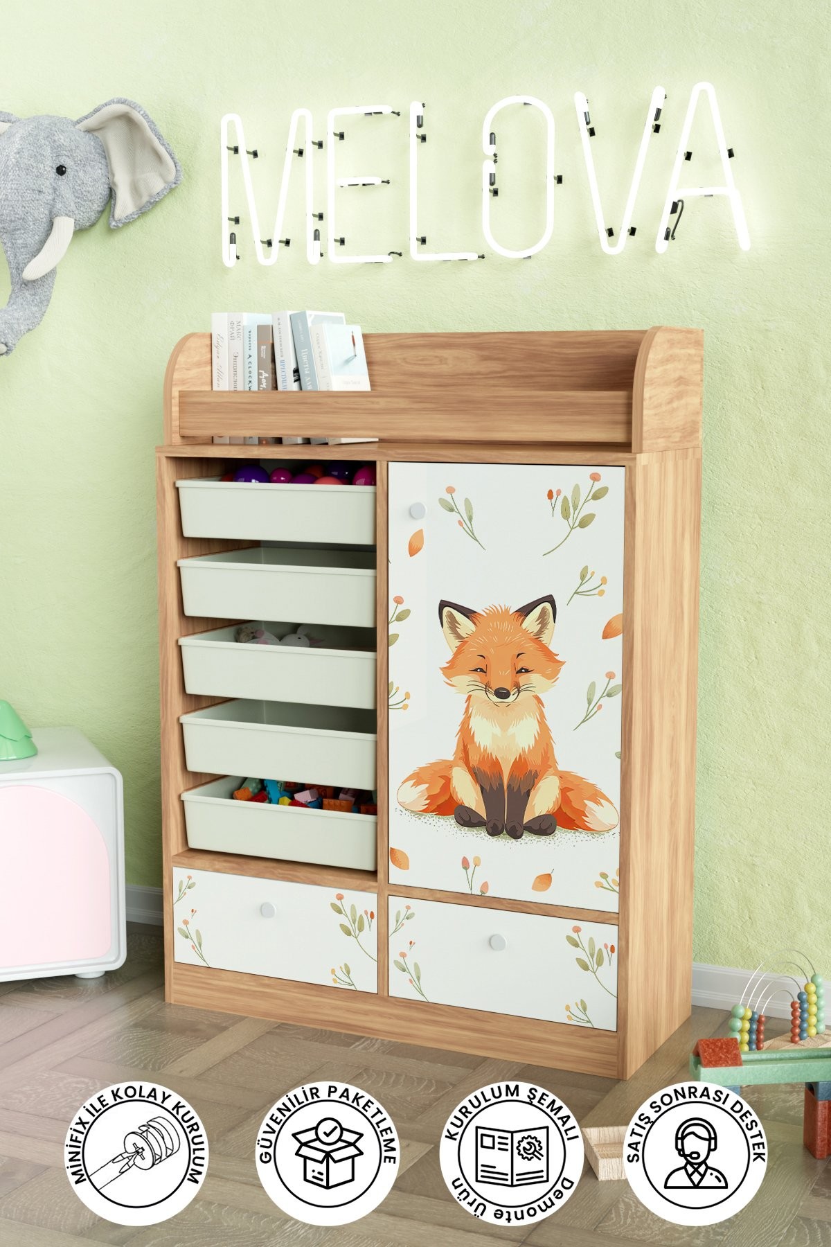 Foxie Design "Melova" 5 Sepetli 2 Çekmeceli Çok Amaçlı Oyuncak Dolabı