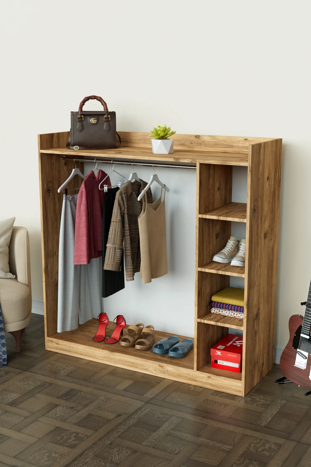 4 Rafli Mini Gardırop askılıklı Vestiyer Çok Amaçlı Kapaksız Elbise Dolabı