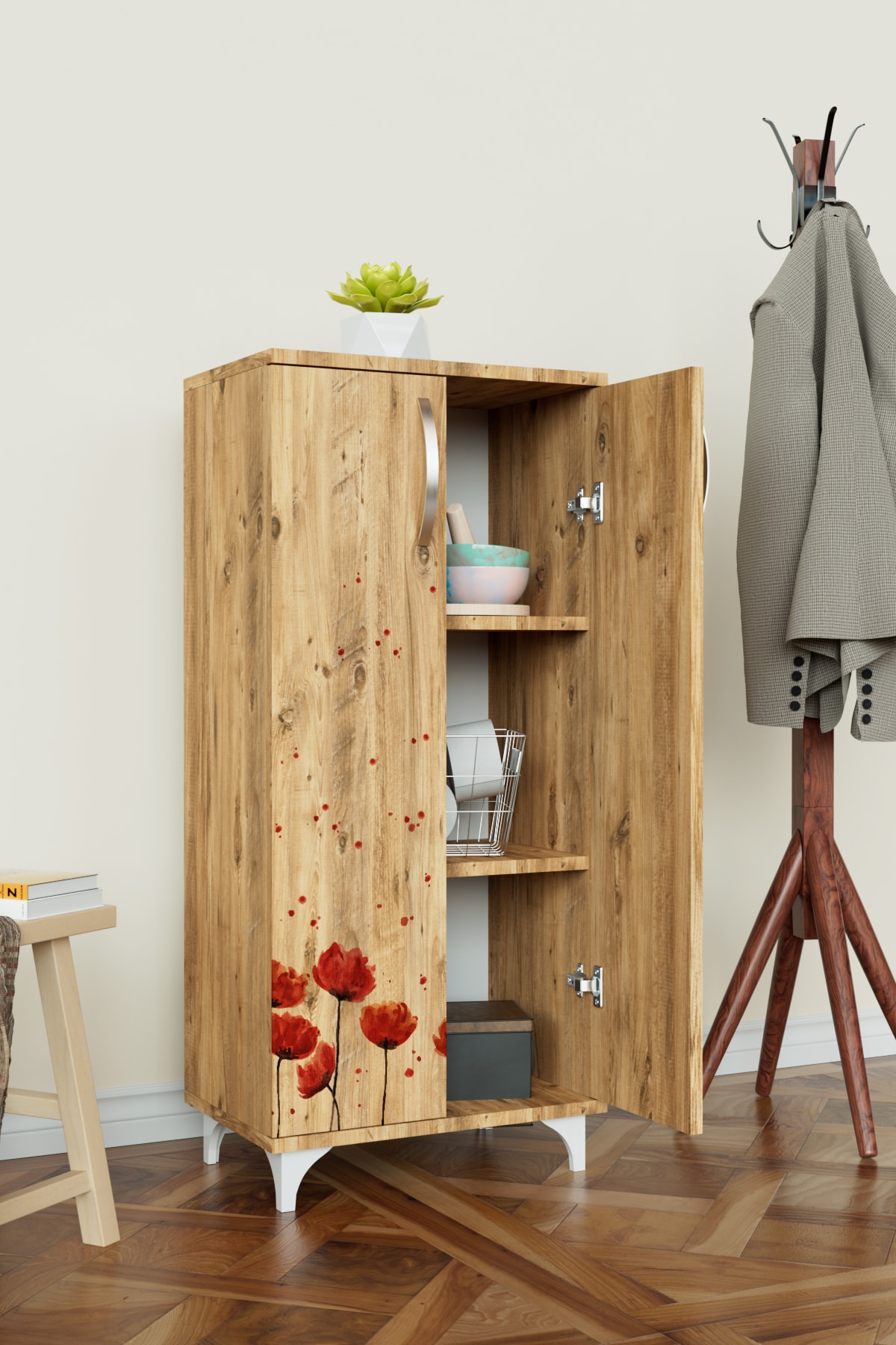 Red Anemone 3 Raflı Çok Amaçlı Dolap Mutfak Salon Banyo Ofis Salon Dolabı