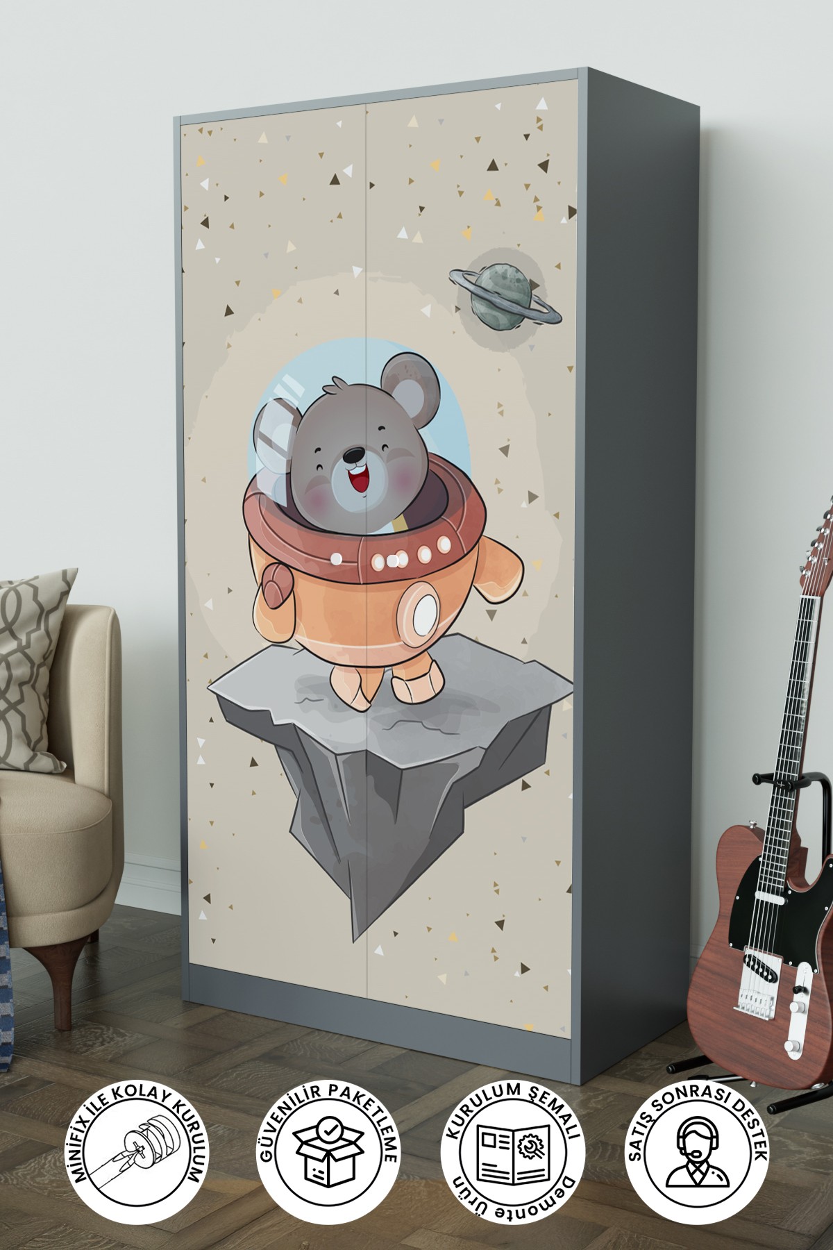 Little Astronaut Design "Calista" Gardırop 5 Raflı Askılı Çocuk Odasi Elbise Dolabı