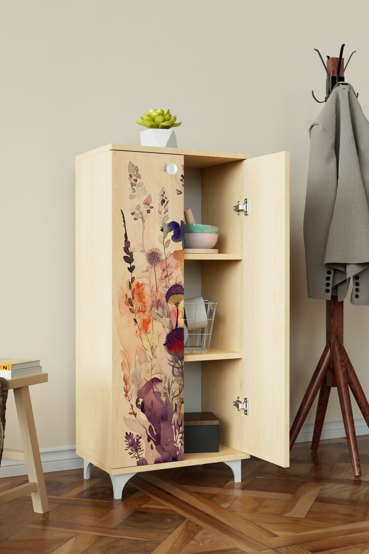 Floral 3 Raflı Çok Amaçlı Dolap Mutfak Salon Banyo Ofis Salon Dolabı