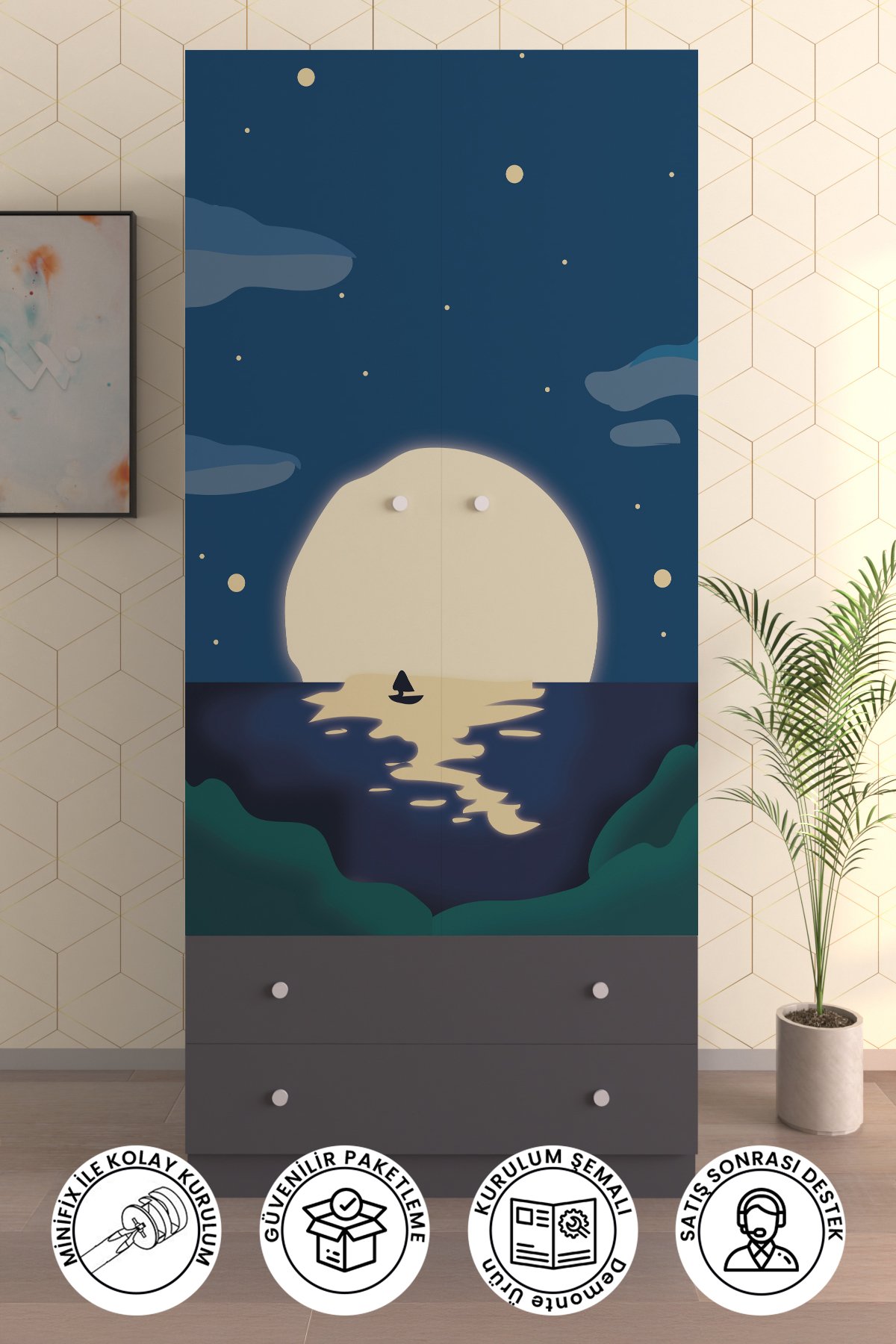 Çocuk Odası 2 Kapaklı Full Moon Gardırop 5 Raflı 2 Çekmeceli Askılı Elbise Dolabı