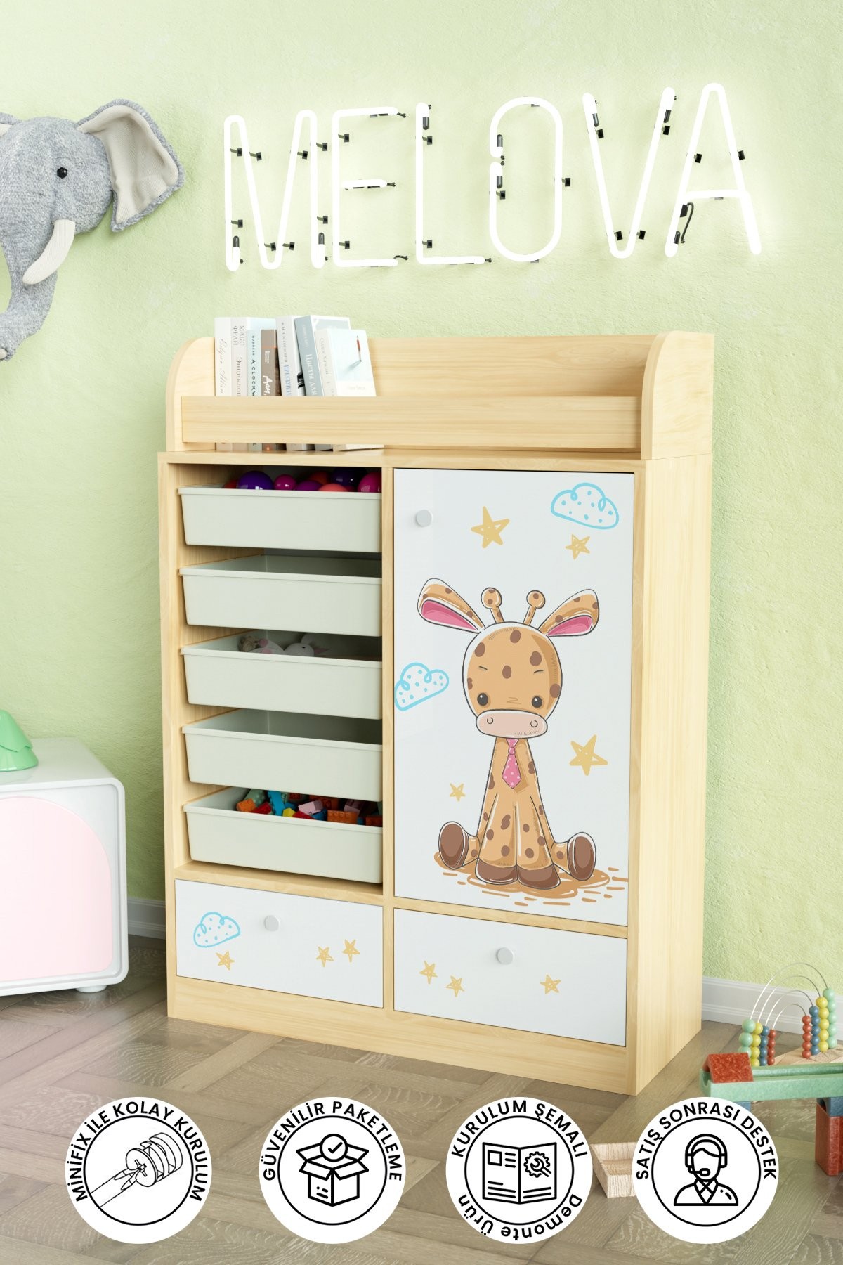 Bay Zürafa Design "Melova" 5 Sepetli 2 Çekmeceli Çok Amaçlı Oyuncak Dolabı