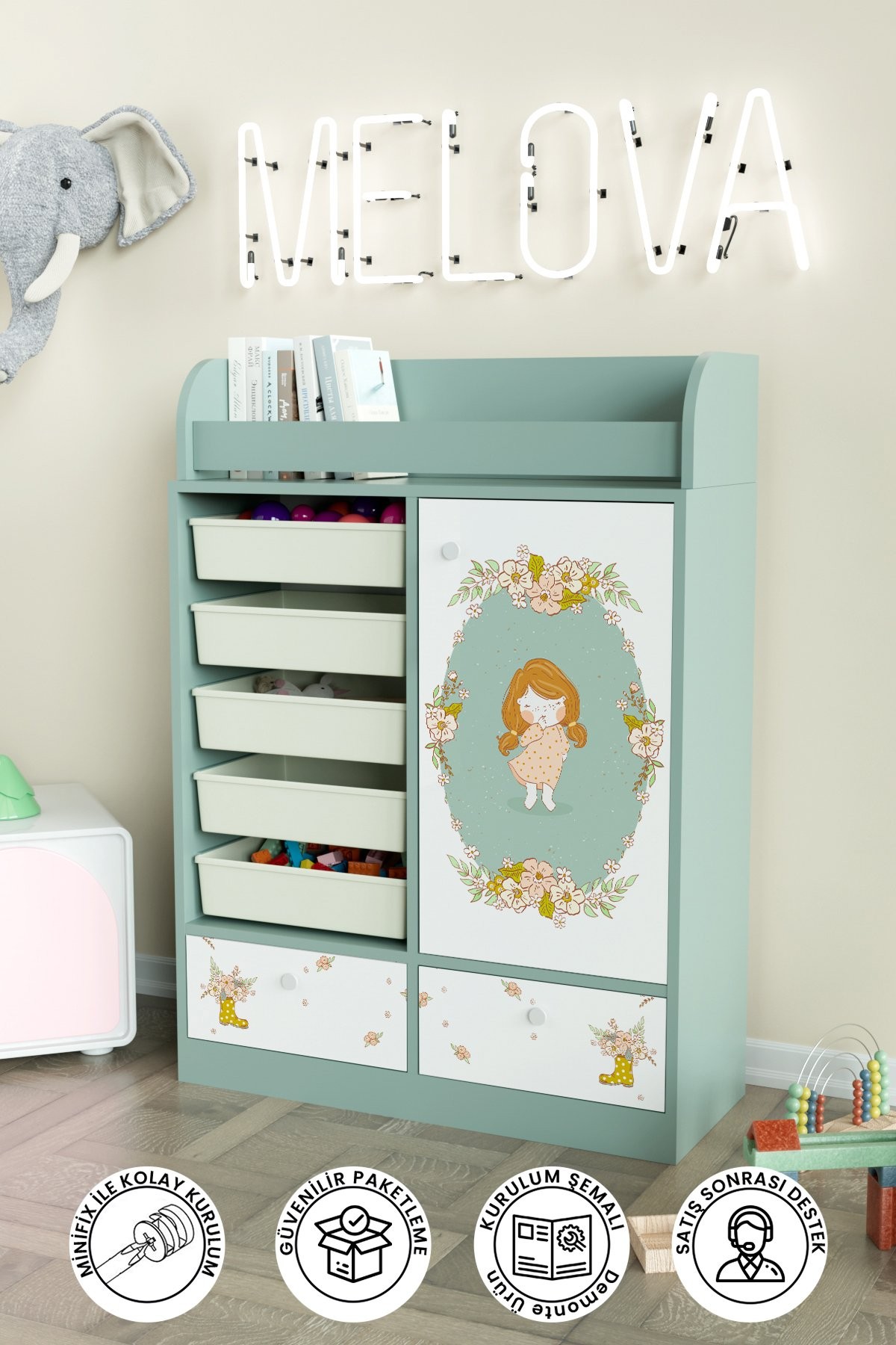 Adorable Design "Melova" 5 Sepetli 2 Çekmeceli Çok Amaçlı Oyuncak Dolabı