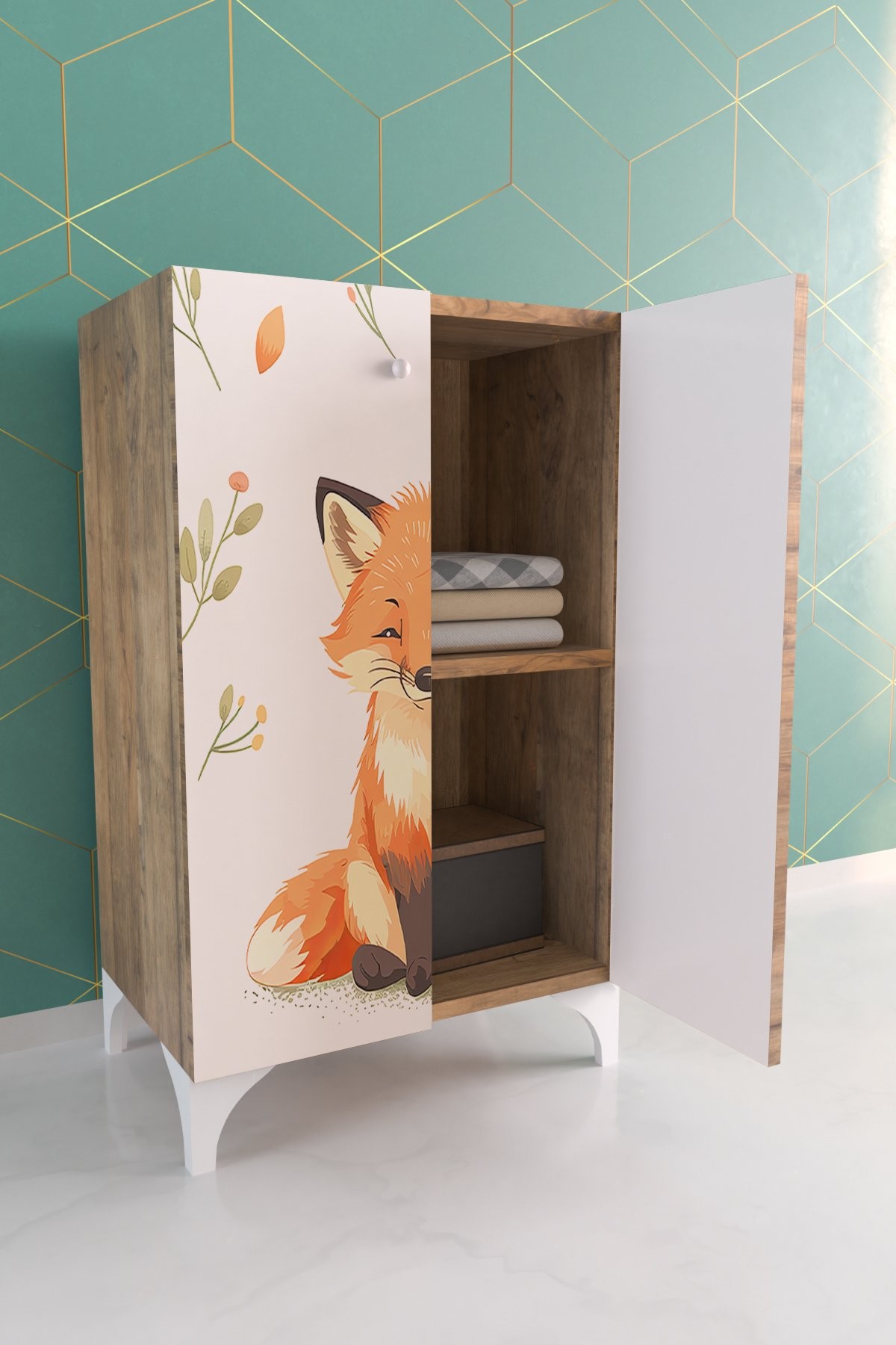 Foxie 3 Raflı Çocuk Odası Dolabı Çok Amaçlı Baskılı Oyuncak Dolabı