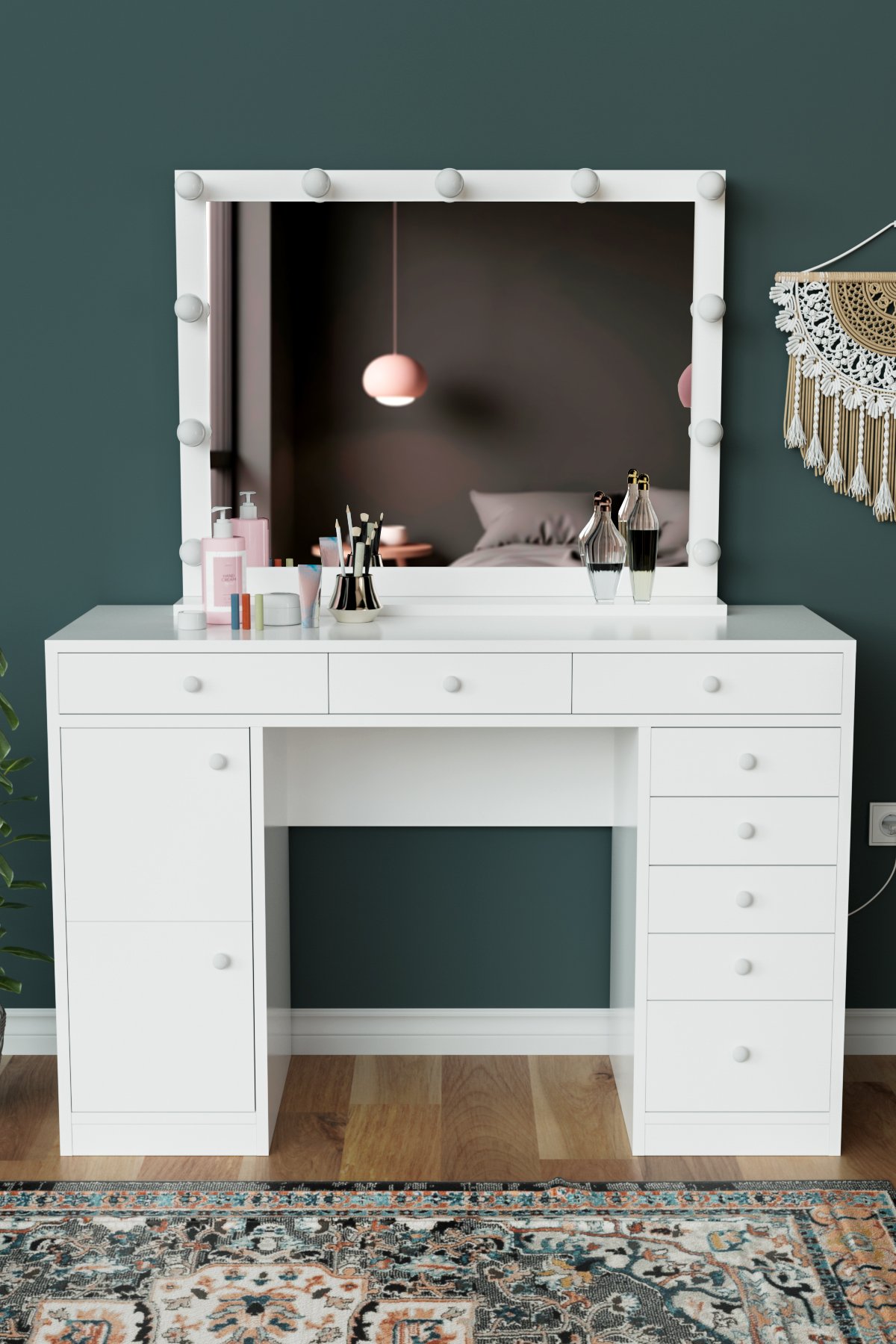 "Ariana" Makyaj Masası Aynalı ve 8 Çekmeceli Takı Organizer Masası