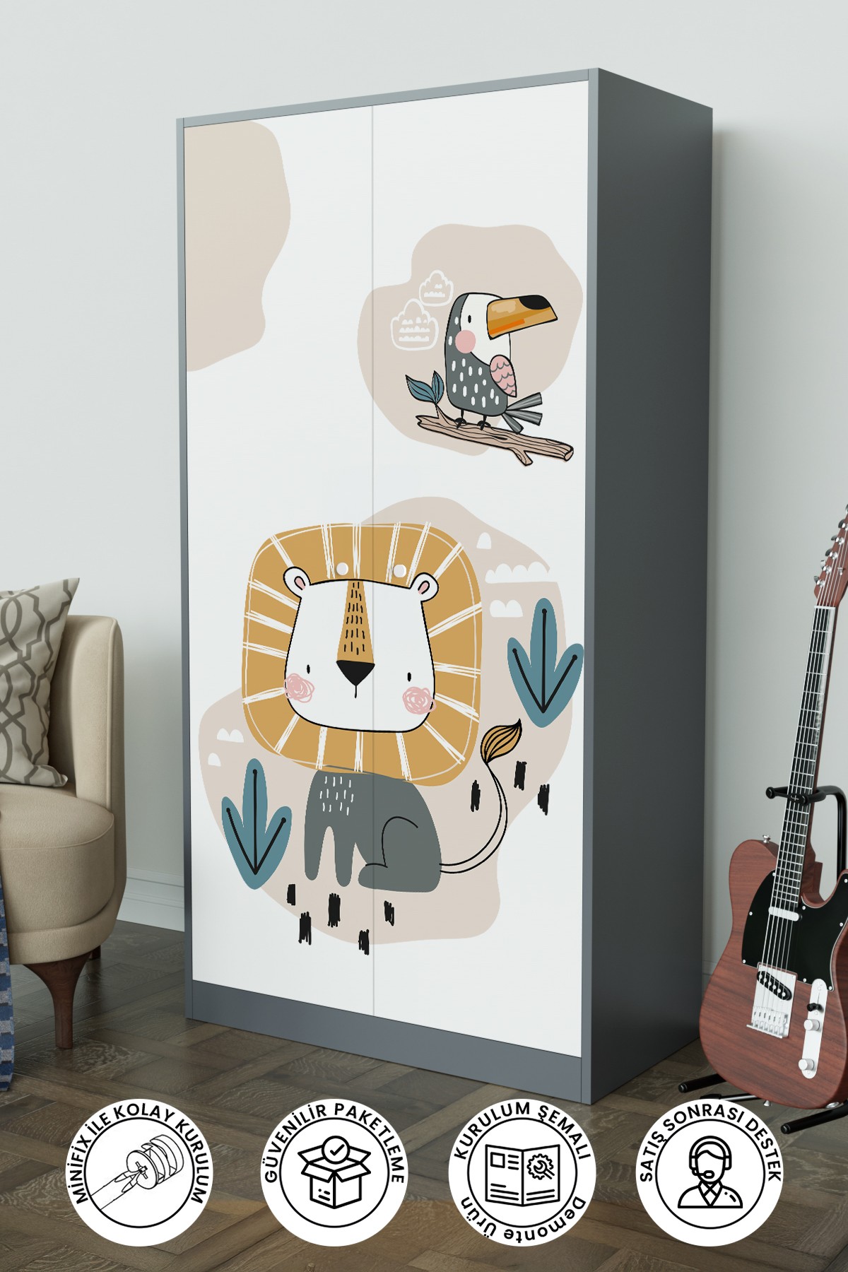 Jungle Animals Design "Calista" Gardırop 5 Raflı Askılı Çocuk Odasi Elbise Dolabı