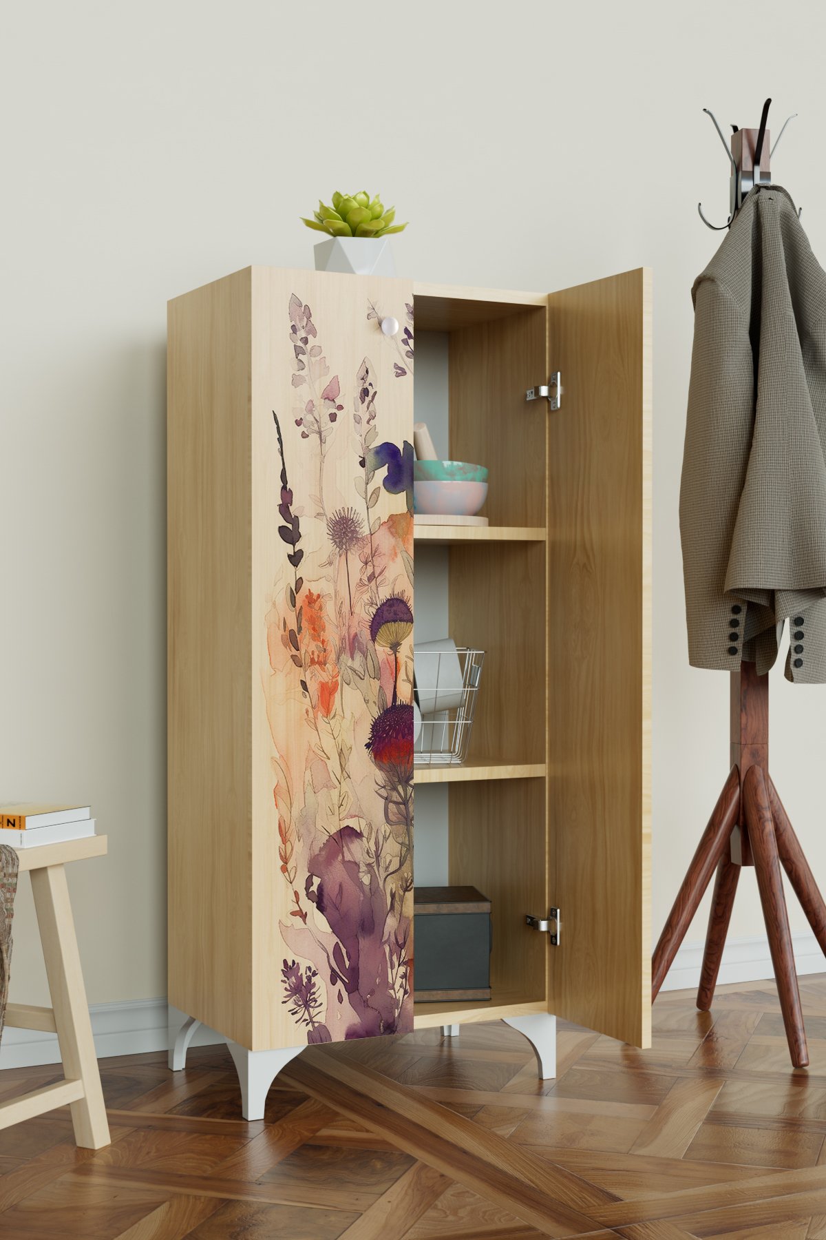 Floral 3 Raflı Çok Amaçlı Dolap Mutfak Salon Banyo Ofis Salon Dolabı