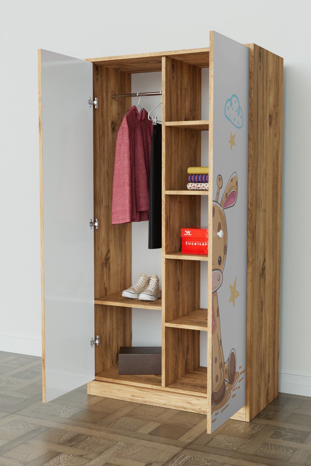 Bay Zürafa Design "Calista" Gardırop 5 Raflı Askılı Çocuk Odasi Elbise Dolabı