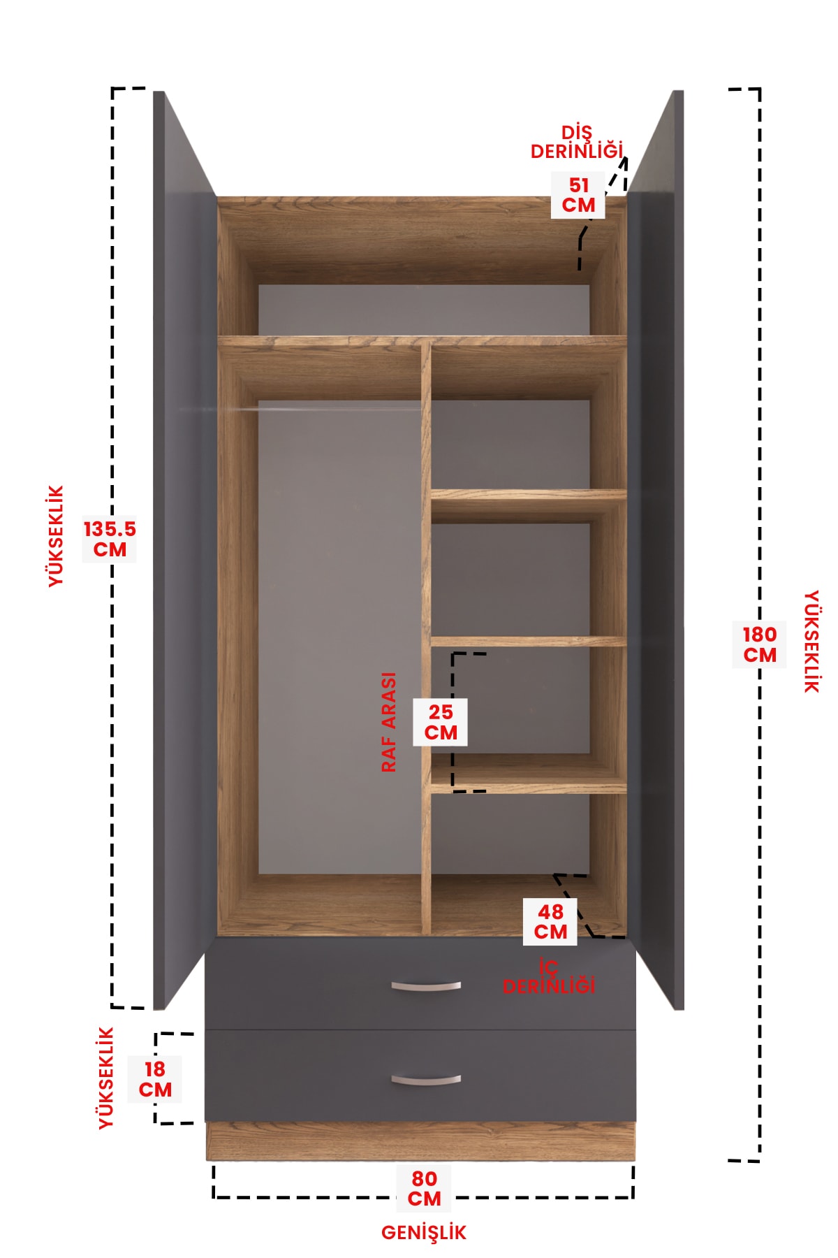 Aynalı 2 Kapaklı Gardırop 5 Raflı 2 Çekmeceli Askılı Elbise Dolabı