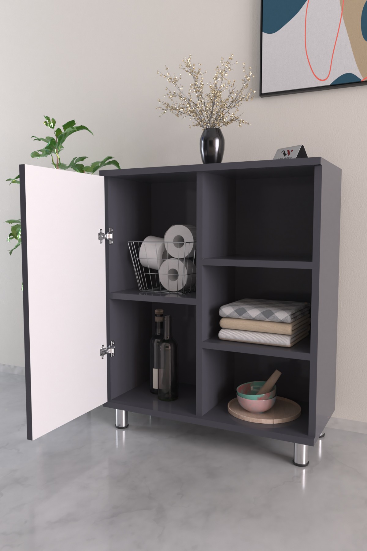 3 Raflı Tek Kapak Minimal Shape Çok Amaçlı Dolabı Mutfak Kiler Banyo Balkon Erzak Dolabı